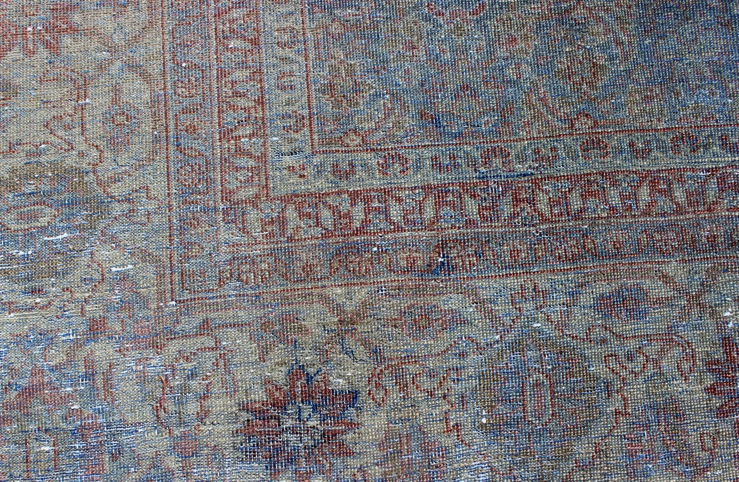 Distressed Antique Persian Tabriz Rug in Shades of Light Blue Gray, Ivory & Red. Large all - over Herati design antique distressed Persian Tabriz rug in shades of light blue Gray and soft red, Keivan Woven Arts / rug 17 - 1102, country of origin / t... - Keivan Woven Arts17 - 1102 - 9248Rug