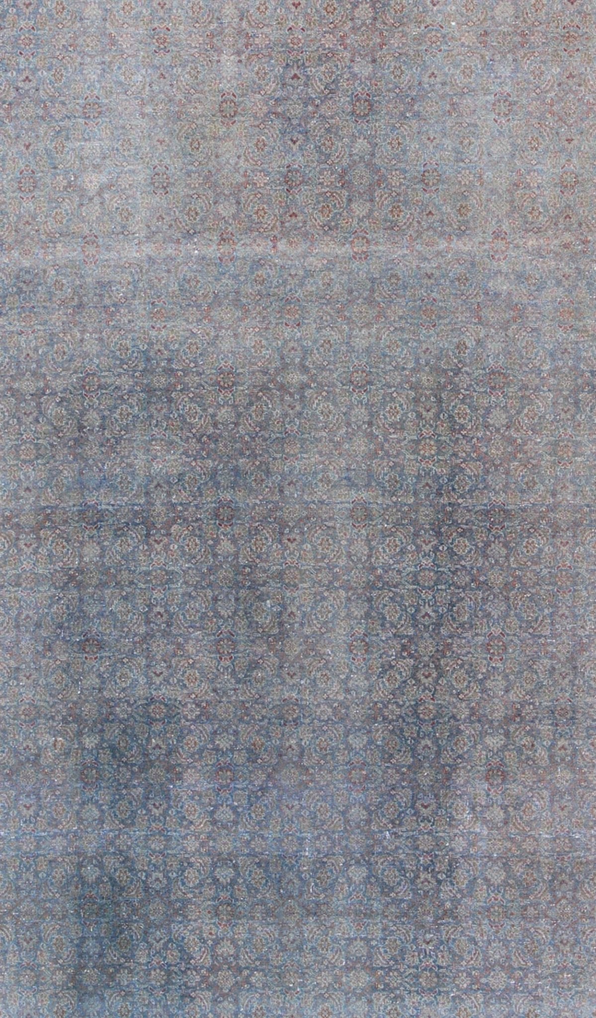 Distressed Antique Persian Tabriz Rug in Shades of Light Blue Gray, Ivory & Red. Large all - over Herati design antique distressed Persian Tabriz rug in shades of light blue Gray and soft red, Keivan Woven Arts / rug 17 - 1102, country of origin / t... - Keivan Woven Arts17 - 1102 - 9248Rug