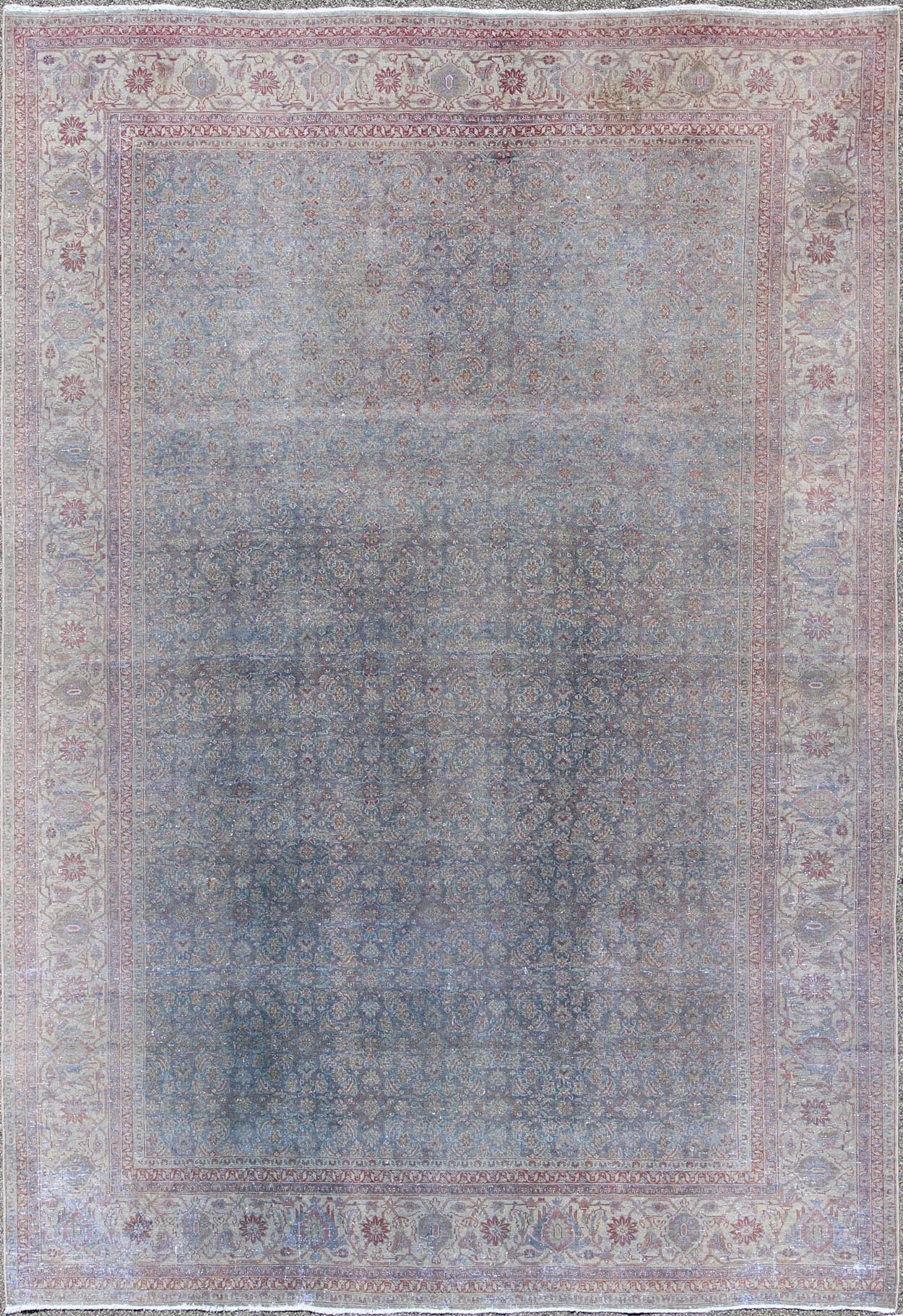 Distressed Antique Persian Tabriz Rug in Shades of Light Blue Gray, Ivory & Red. Large all - over Herati design antique distressed Persian Tabriz rug in shades of light blue Gray and soft red, Keivan Woven Arts / rug 17 - 1102, country of origin / t... - Keivan Woven Arts17 - 1102 - 9248Rug