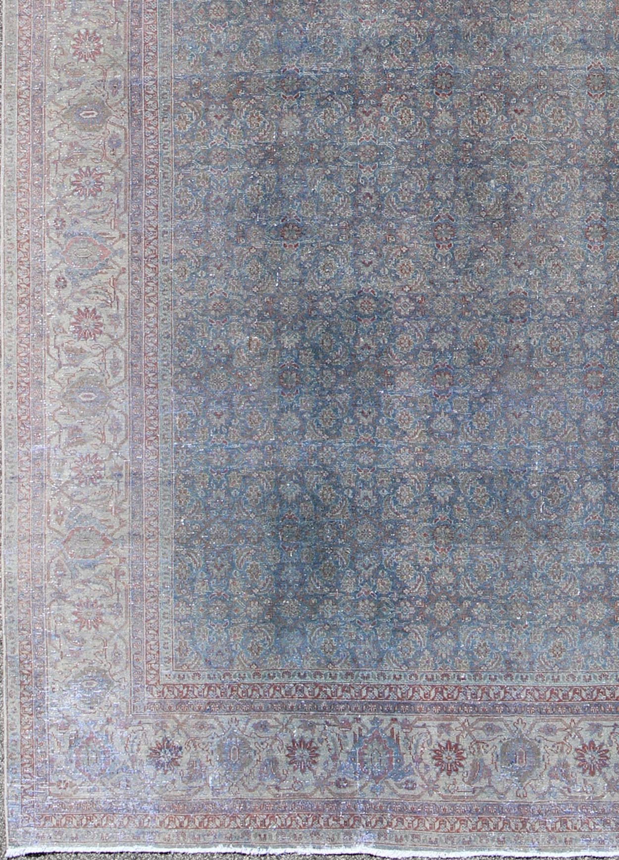 Distressed Antique Persian Tabriz Rug in Shades of Light Blue Gray, Ivory & Red. Large all - over Herati design antique distressed Persian Tabriz rug in shades of light blue Gray and soft red, Keivan Woven Arts / rug 17 - 1102, country of origin / t... - Keivan Woven Arts17 - 1102 - 9248Rug