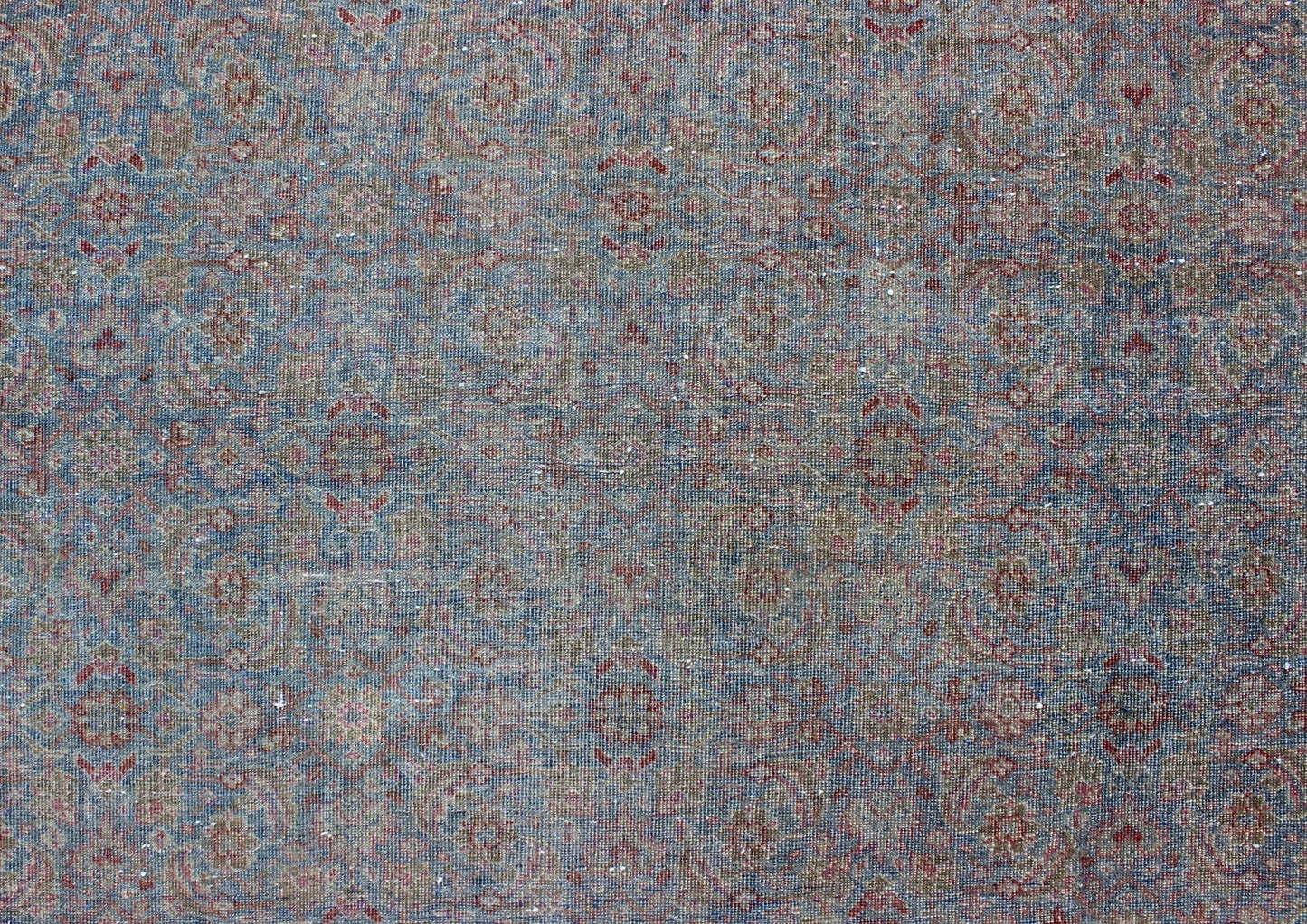 Distressed Antique Persian Tabriz Rug in Shades of Light Blue Gray, Ivory & Red. Large all - over Herati design antique distressed Persian Tabriz rug in shades of light blue Gray and soft red, Keivan Woven Arts / rug 17 - 1102, country of origin / t... - Keivan Woven Arts17 - 1102 - 9248Rug