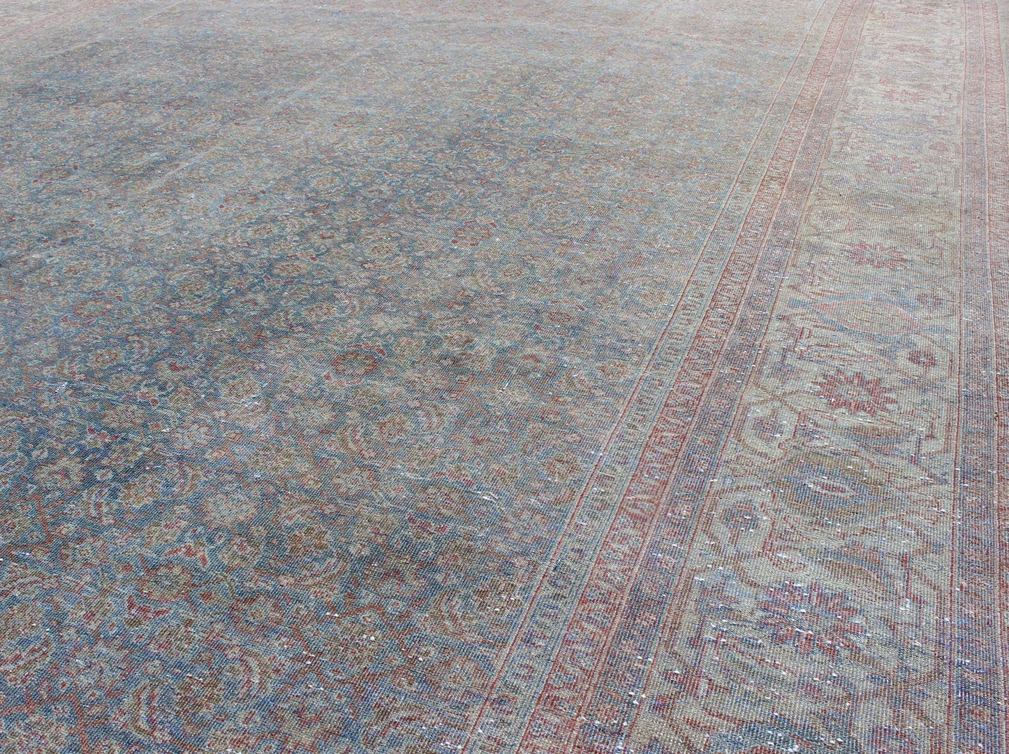 Distressed Antique Persian Tabriz Rug in Shades of Light Blue Gray, Ivory & Red. Large all - over Herati design antique distressed Persian Tabriz rug in shades of light blue Gray and soft red, Keivan Woven Arts / rug 17 - 1102, country of origin / t... - Keivan Woven Arts17 - 1102 - 9248Rug