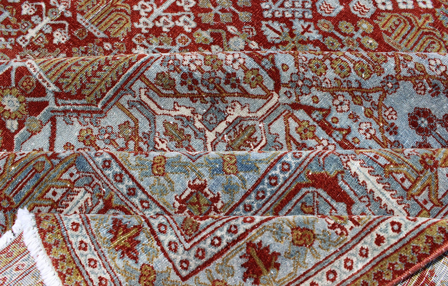 Antique Persian Joshegan Rug with Geometric Medallion in Light Blue, Red & Olive, rug 18 - 0101, country of origin / type: Iran / Joshegan, circa 1920 This incredible antique Persian Joshegan rug from 1920s Iran was handwoven and bears a remarkabl... - Keivan Woven Arts18 - 0101 - 9886Rug