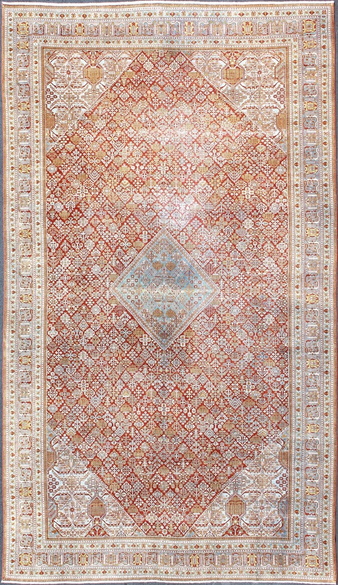 Antique Persian Joshegan Rug with Geometric Medallion in Light Blue, Red & Olive, rug 18 - 0101, country of origin / type: Iran / Joshegan, circa 1920 This incredible antique Persian Joshegan rug from 1920s Iran was handwoven and bears a remarkabl... - Keivan Woven Arts18 - 0101 - 9886Rug