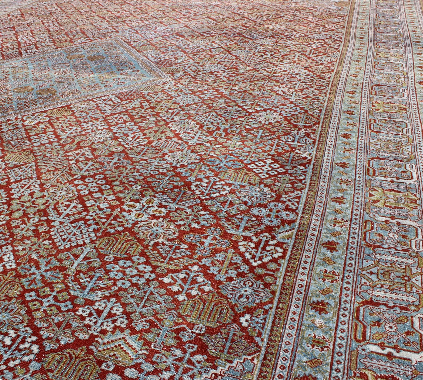 Antique Persian Joshegan Rug with Geometric Medallion in Light Blue, Red & Olive, rug 18 - 0101, country of origin / type: Iran / Joshegan, circa 1920 This incredible antique Persian Joshegan rug from 1920s Iran was handwoven and bears a remarkabl... - Keivan Woven Arts18 - 0101 - 9886Rug