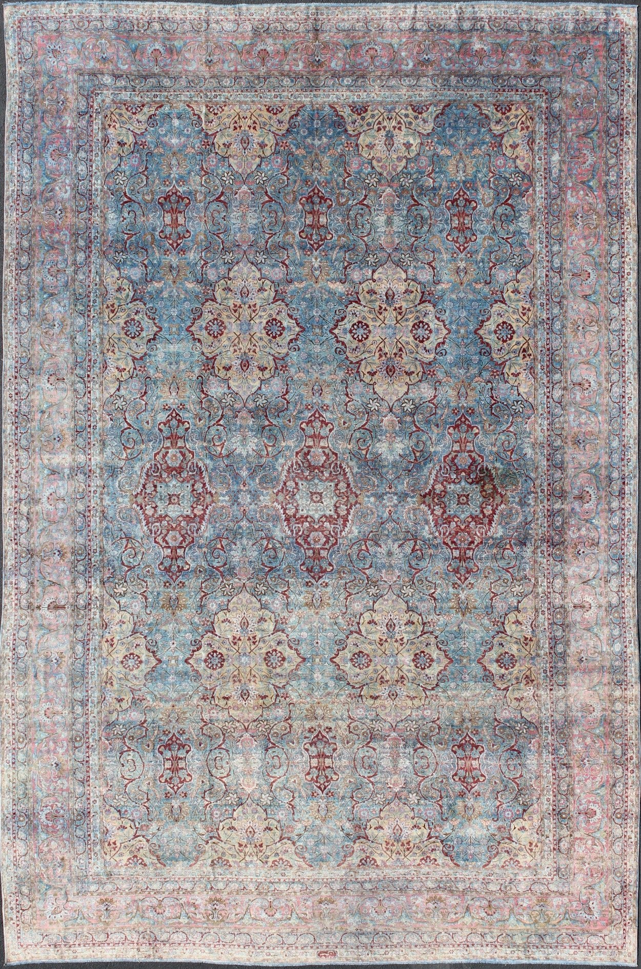 Large Antique Persian Kerman Rug with Medallions in Light Blue, Red and Pink. Large antique Persian Kerman rug with vertical medallions in light blue, red and pink. Keivan Woven Arts / rug 18 - 0201, country of origin / type: Iran / Kerman, circa 1900 ... - Keivan Woven Arts18 - 0201 - 9550Rug