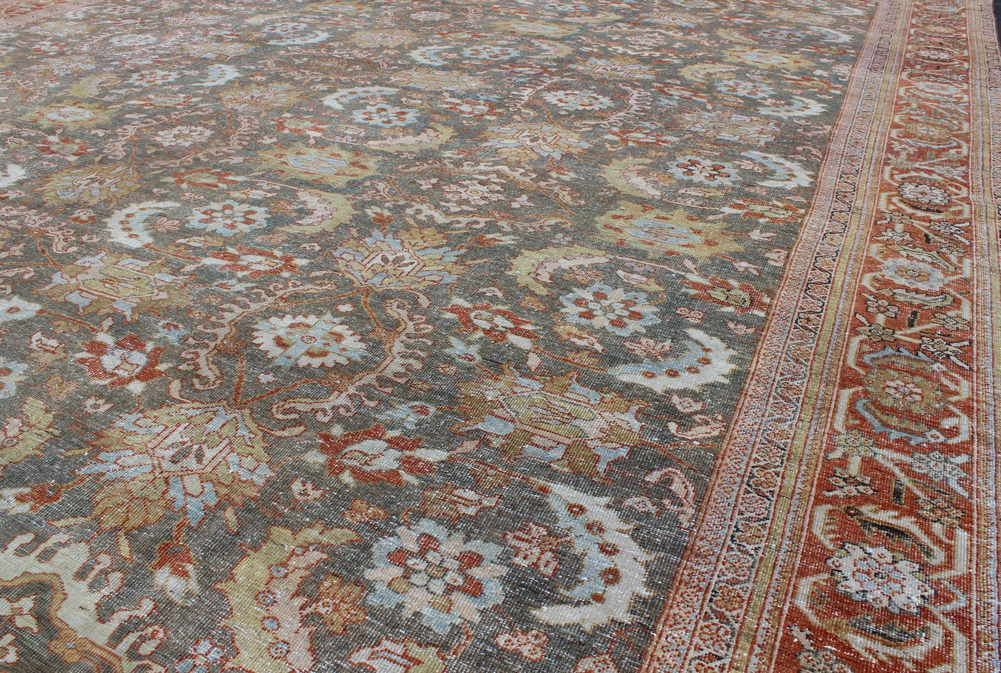 Large Antique Persian Sultanabad Rug in Gray, Gray/Green, Lime Green & Rust Red. Large antique Persian Sultanabad rug in gray/green, lime green, light blue, yellow, cream, faded gold, salmon, light green and rust/red, rug 18 - 0301, country of ori... - Keivan Woven Arts18 - 0301 - 9553Rug
