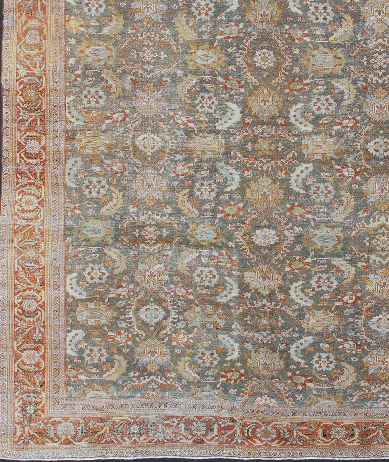 Large Antique Persian Sultanabad Rug in Gray, Gray/Green, Lime Green & Rust Red. Large antique Persian Sultanabad rug in gray/green, lime green, light blue, yellow, cream, faded gold, salmon, light green and rust/red, rug 18 - 0301, country of ori... - Keivan Woven Arts18 - 0301 - 9553Rug