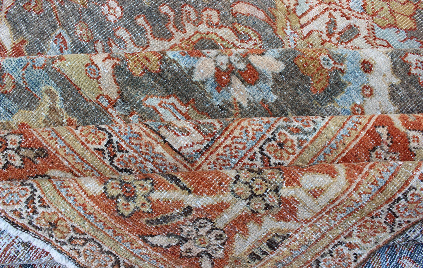 Large Antique Persian Sultanabad Rug in Gray, Gray/Green, Lime Green & Rust Red. Large antique Persian Sultanabad rug in gray/green, lime green, light blue, yellow, cream, faded gold, salmon, light green and rust/red, rug 18 - 0301, country of ori... - Keivan Woven Arts18 - 0301 - 9553Rug