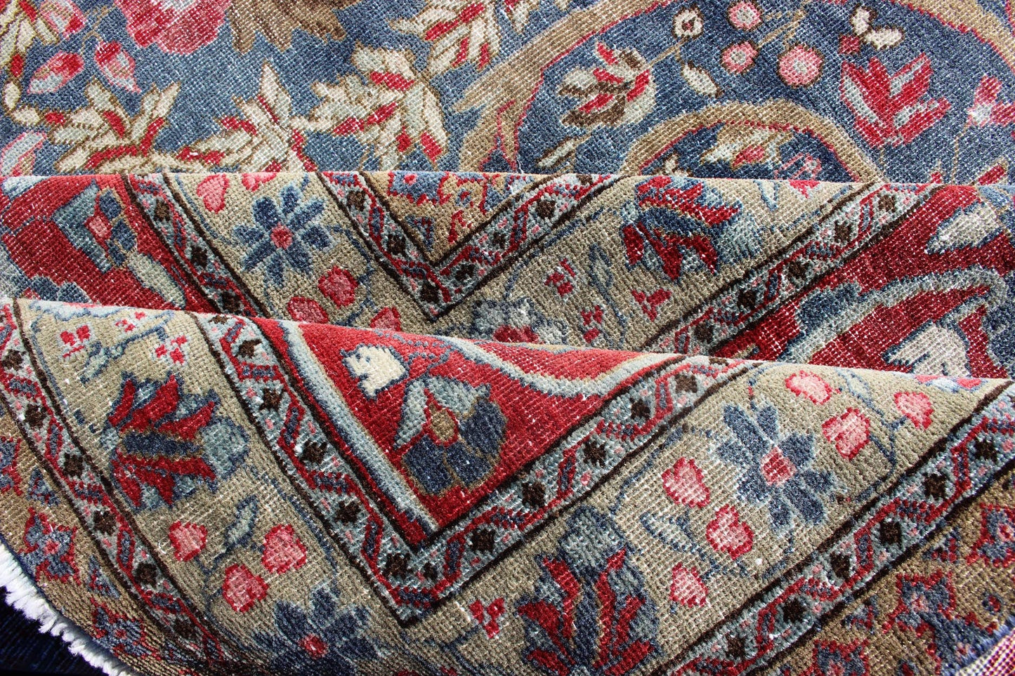 Large Palace size Antique Persian Tabriz Rug in Vine Scroll Design in Blue Background, Red. Blue background, Red border and multi colors such as light green, taupe, light blue/gray antique Persian Tabriz Large rug with flowers and all - over vine scr... - Keivan Woven Arts18 - 0403 - 9705Rug