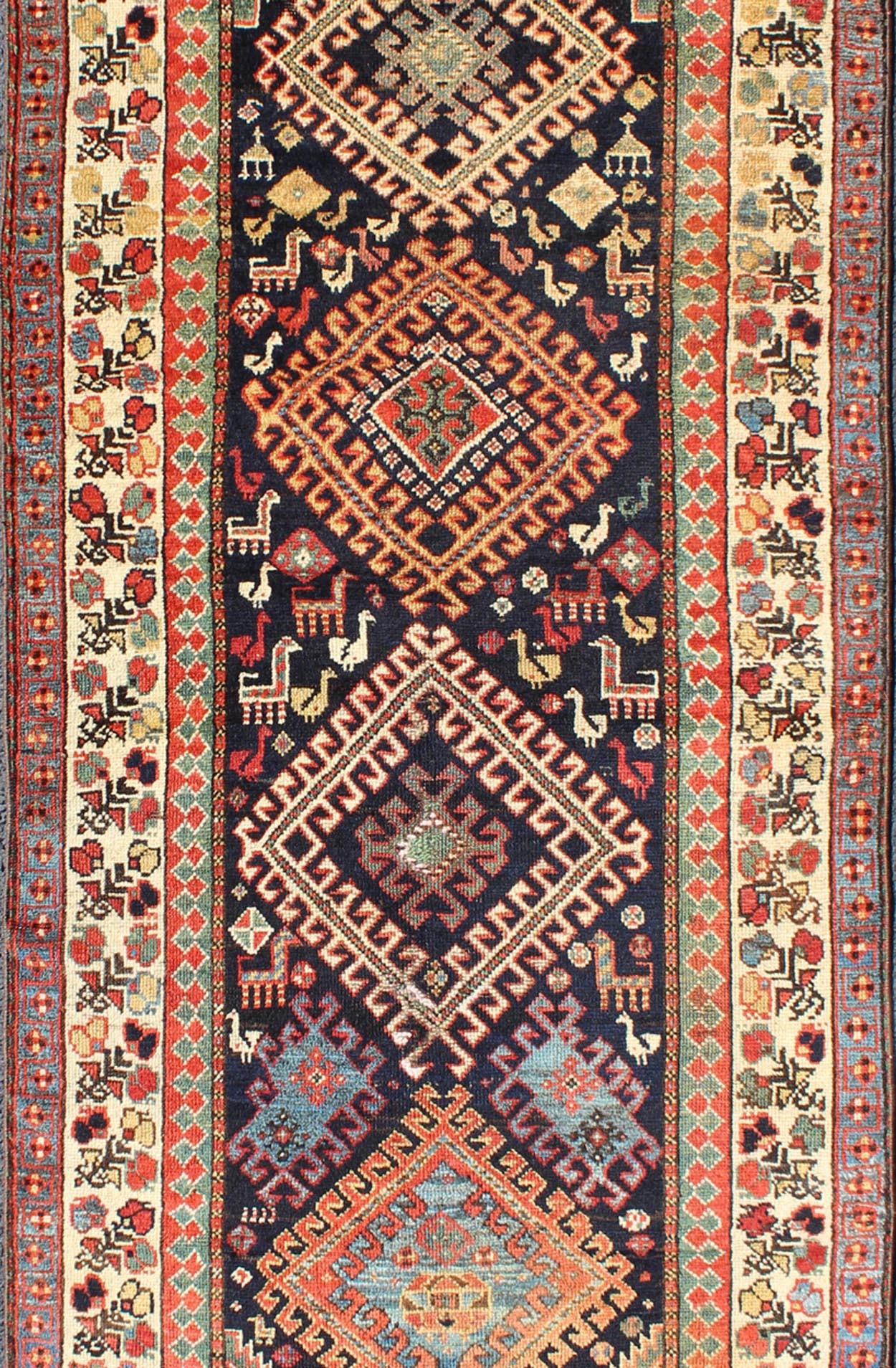 Qashqai Shiraz antique runner in multi - colors with multi - medallion geometric design. Keivan Woven Arts / rug 18 - 0406, country of origin / type: Iran / Shiraz, circa 1890. This antique Persian Shiraz rug features a unique blend of colors and an i... - Keivan Woven Arts18 - 0406 - 9388Rug