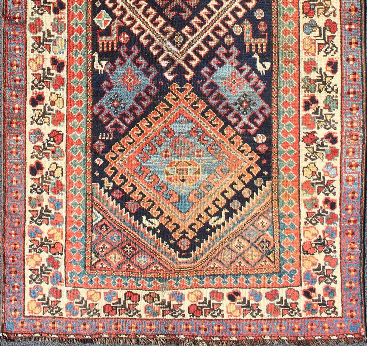 Qashqai Shiraz antique runner in multi - colors with multi - medallion geometric design. Keivan Woven Arts / rug 18 - 0406, country of origin / type: Iran / Shiraz, circa 1890. This antique Persian Shiraz rug features a unique blend of colors and an i... - Keivan Woven Arts18 - 0406 - 9388Rug