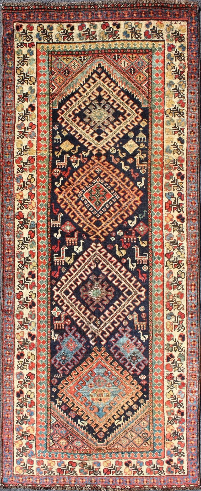 Qashqai Shiraz antique runner in multi - colors with multi - medallion geometric design. Keivan Woven Arts / rug 18 - 0406, country of origin / type: Iran / Shiraz, circa 1890. This antique Persian Shiraz rug features a unique blend of colors and an i... - Keivan Woven Arts18 - 0406 - 9388Rug
