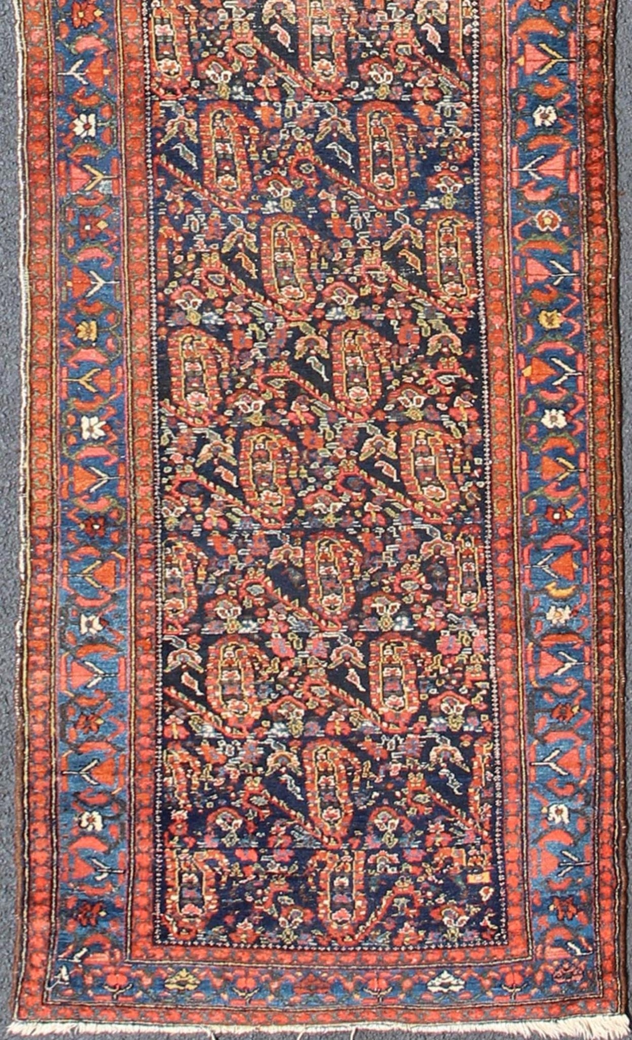 Blue and Burnt Orange Antique Persian Malayer Runner with All - Over Design. All - over sub - geometric design antique Persian Malayer runner in shades of blue and burnt orange, rug 18 - 0703, country of origin / type: Iran / Malayer, circa 1900. Th... - Keivan Woven Arts18 - 0703 - 10006Rug