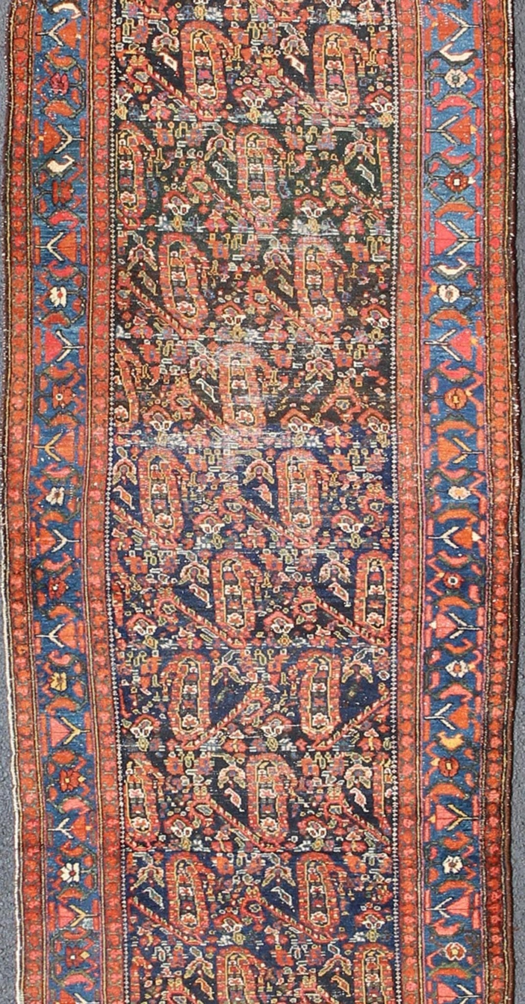 Blue and Burnt Orange Antique Persian Malayer Runner with All - Over Design. All - over sub - geometric design antique Persian Malayer runner in shades of blue and burnt orange, rug 18 - 0703, country of origin / type: Iran / Malayer, circa 1900. Th... - Keivan Woven Arts18 - 0703 - 10006Rug