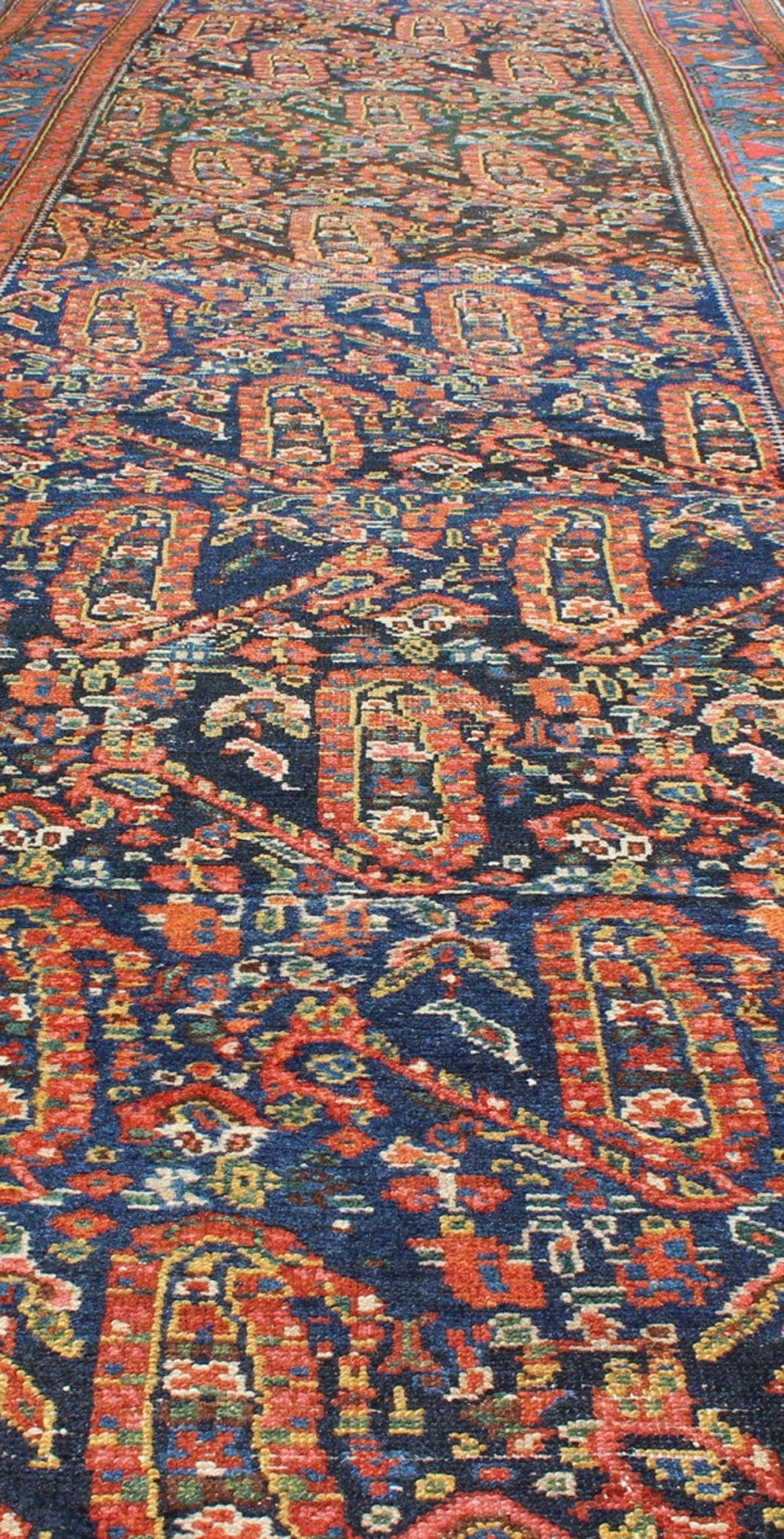 Blue and Burnt Orange Antique Persian Malayer Runner with All - Over Design. All - over sub - geometric design antique Persian Malayer runner in shades of blue and burnt orange, rug 18 - 0703, country of origin / type: Iran / Malayer, circa 1900. Th... - Keivan Woven Arts18 - 0703 - 10006Rug