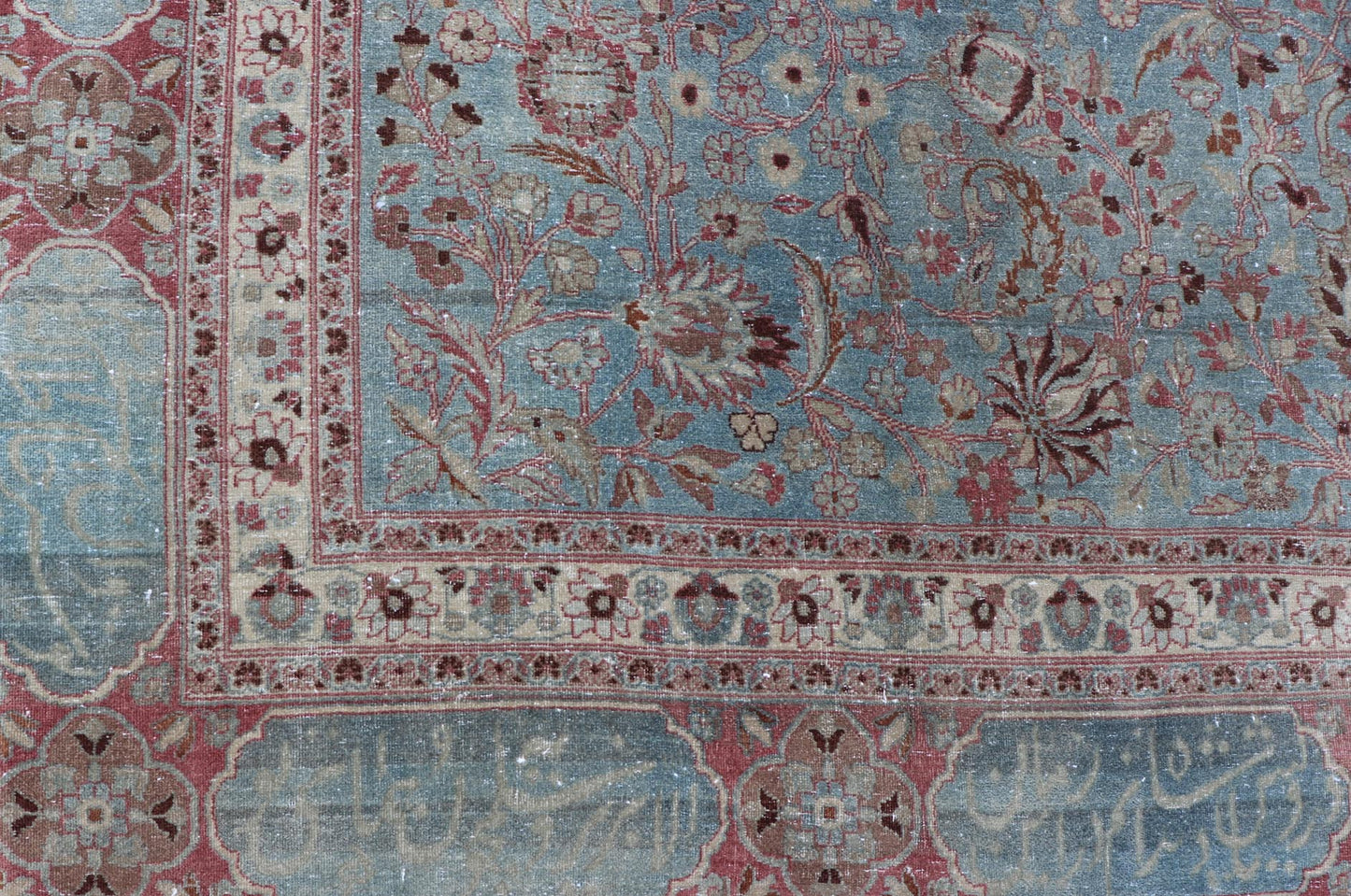 Antique Large Persian Mashhad On Light Blue Background by Keivan Woven Arts Antique large Persian Mashhad rug with inscriptions in light blue background, rose border. Keivan Woven Arts / rug 18 - 0807, country of origin / type: Iran / Mashhad,... - Keivan Woven Arts18 - 0807 - 10386Rug