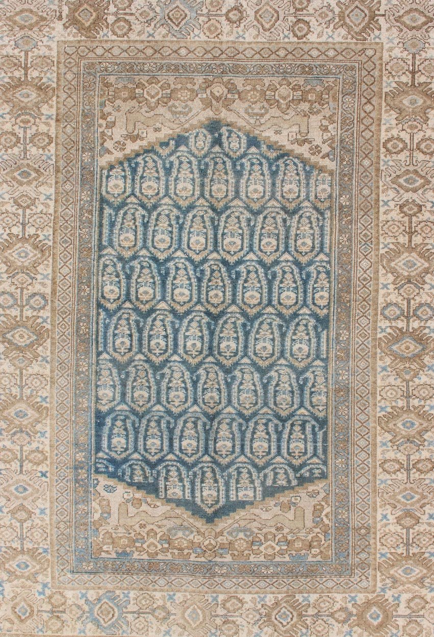 Antique Persian Malayer Rug with Traditional All - Over Design and Large Borders Antique Malayer rug from Persia in Taupe, nude, and Aegean blue, rug 19 - 0104, country of origin / type: Iran / Malayer, circa 1900. This beautiful antique Mala... - Keivan Woven Arts19 - 0104 - 11102Rug