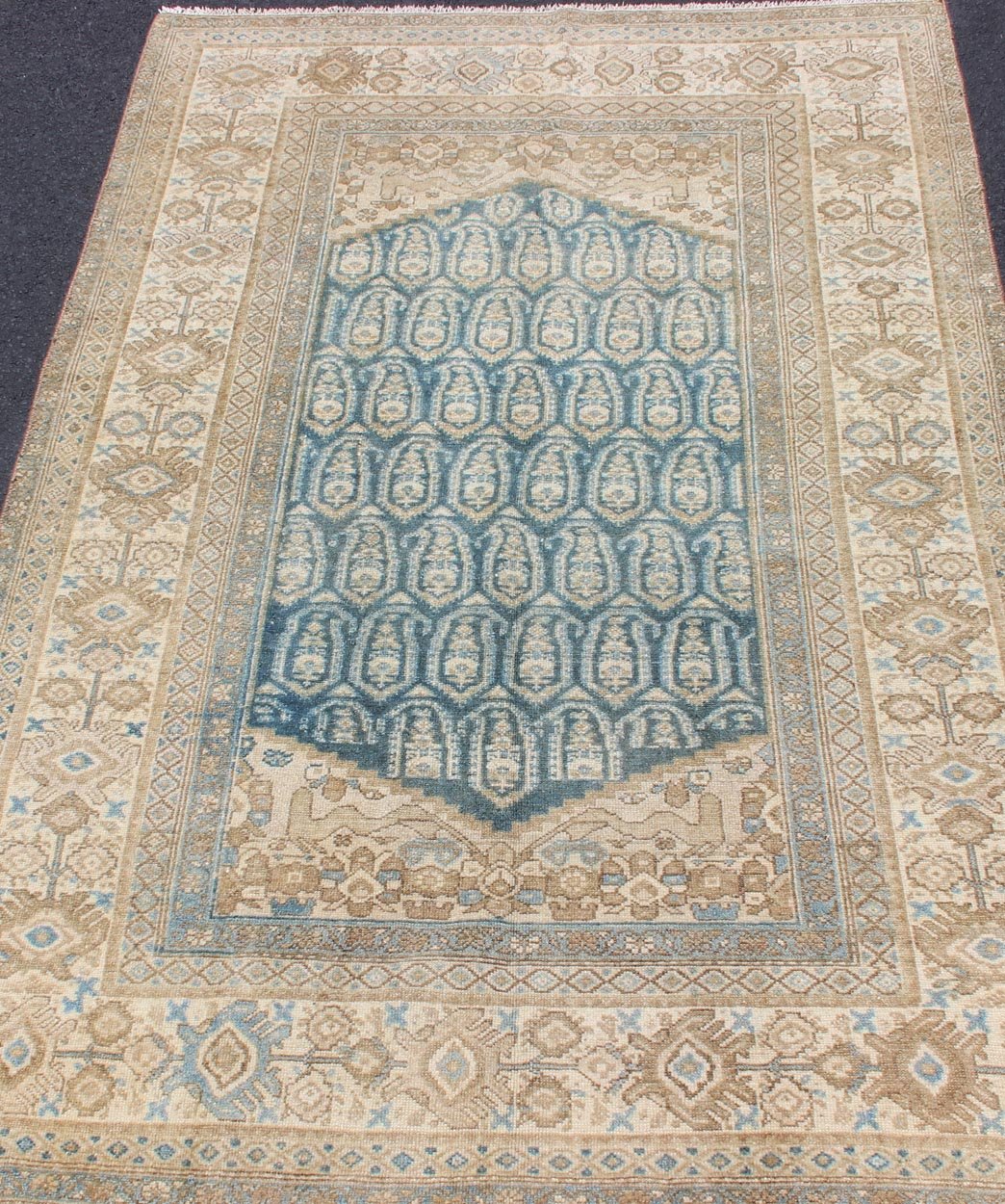 Antique Persian Malayer Rug with Traditional All - Over Design and Large Borders Antique Malayer rug from Persia in Taupe, nude, and Aegean blue, rug 19 - 0104, country of origin / type: Iran / Malayer, circa 1900. This beautiful antique Mala... - Keivan Woven Arts19 - 0104 - 11102Rug