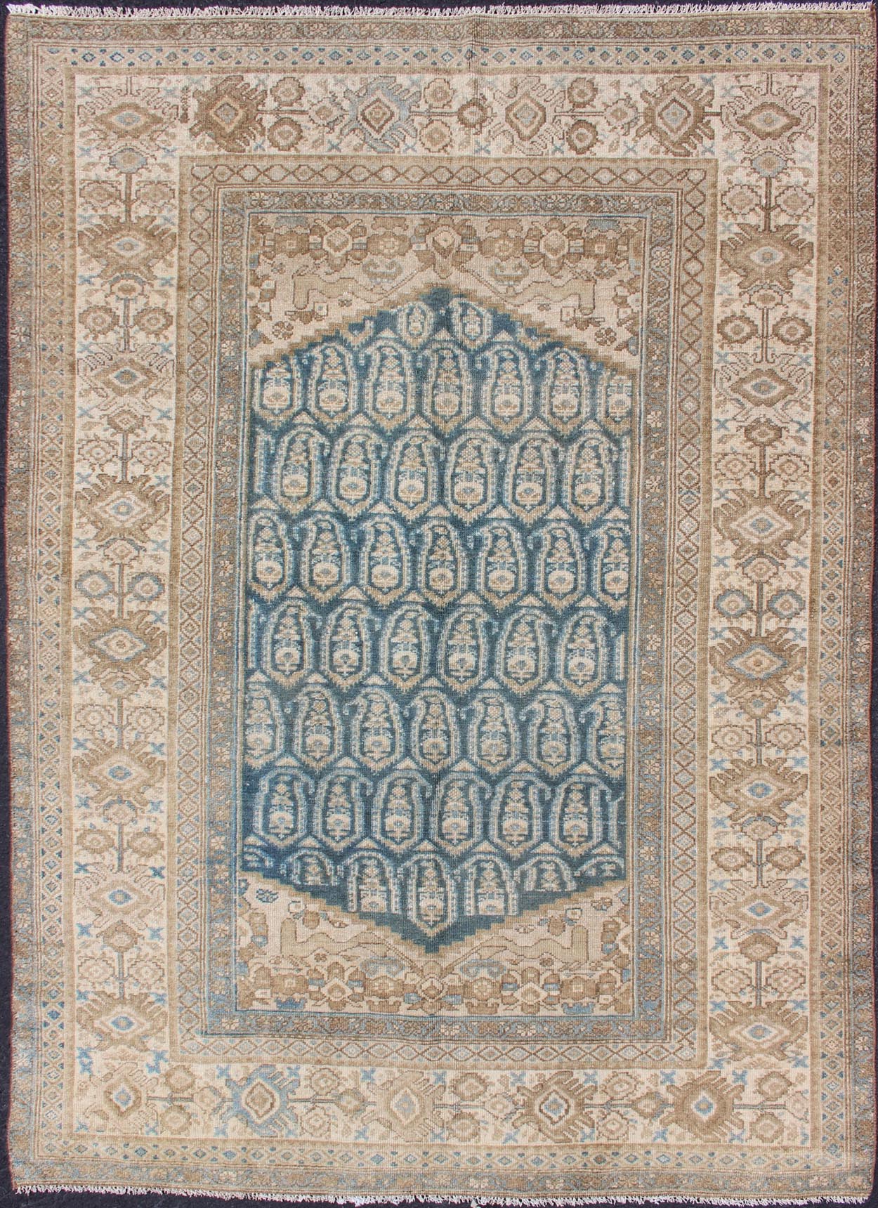 Antique Persian Malayer Rug with Traditional All - Over Design and Large Borders Antique Malayer rug from Persia in Taupe, nude, and Aegean blue, rug 19 - 0104, country of origin / type: Iran / Malayer, circa 1900. This beautiful antique Mala... - Keivan Woven Arts19 - 0104 - 11102Rug