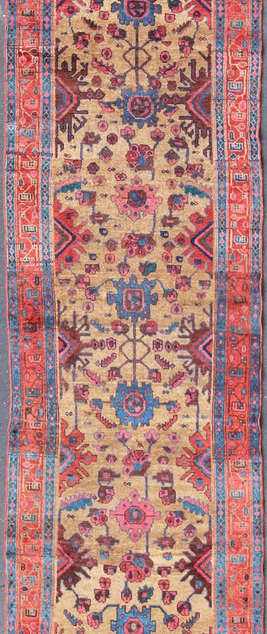 Antique Persian Hamadan Long Runner with Geometric Motifs in Light Camel Field. All - over geometric design Persian antique Hamedan runner in multicolored tones, rug 19 - 0209, country of origin / type: Iran / Hamedan, circa 1900 This antique Per... - Keivan Woven Arts19 - 0209 - 11138Rug