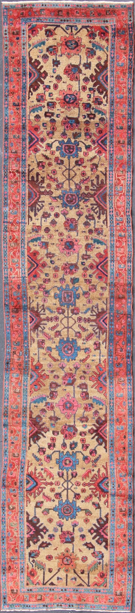 Antique Persian Hamadan Long Runner with Geometric Motifs in Light Camel Field. All - over geometric design Persian antique Hamedan runner in multicolored tones, rug 19 - 0209, country of origin / type: Iran / Hamedan, circa 1900 This antique Per... - Keivan Woven Arts19 - 0209 - 11138Rug