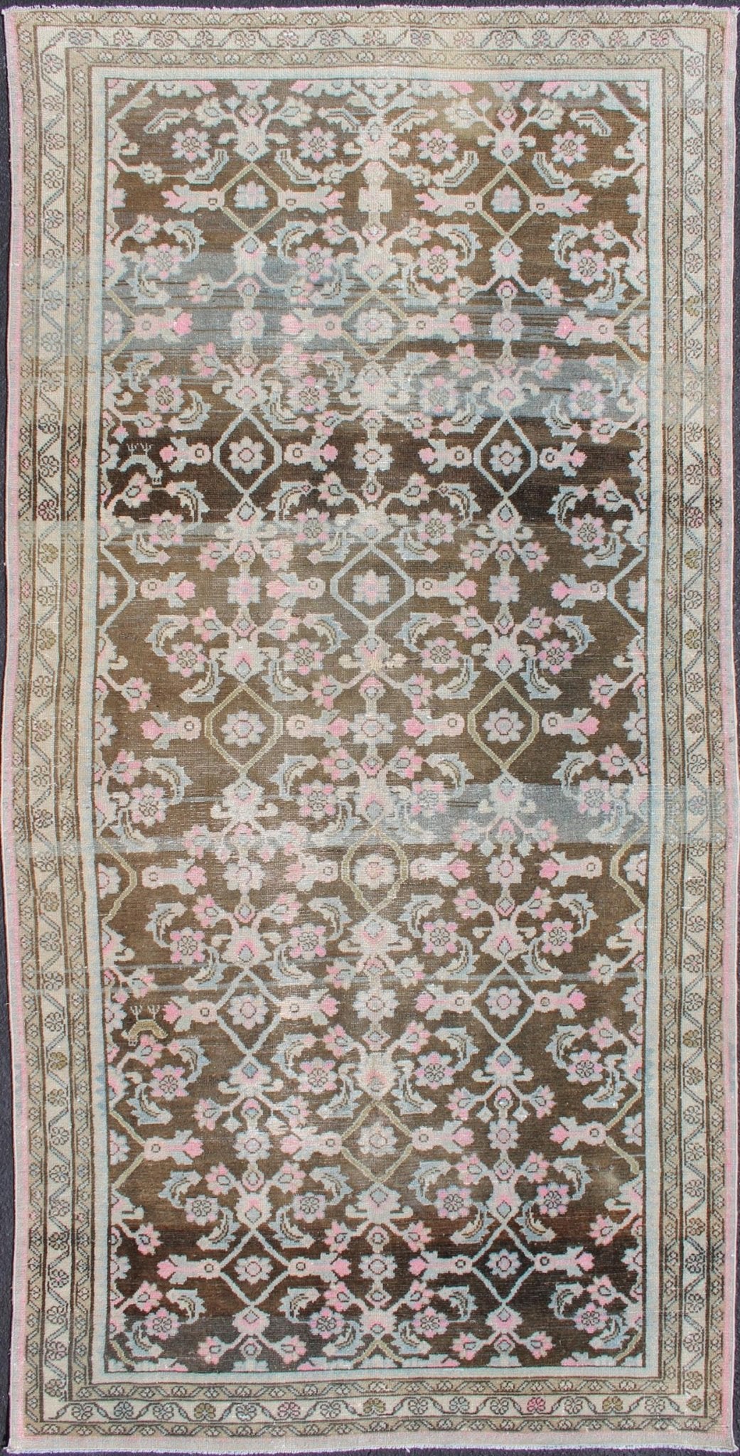 Pink, Gray, Charcoal and Brown Vintage Persian Hamadan Rug with Flower Design Floral design Hamedan vintage rug in brown and light color tones, rug 19 - 0212, origin / type: Iran / Hamedan, circa 1940 This beautiful vintage Hamedan rug from Per... - Keivan Woven Arts19 - 0212 - 11149Rug