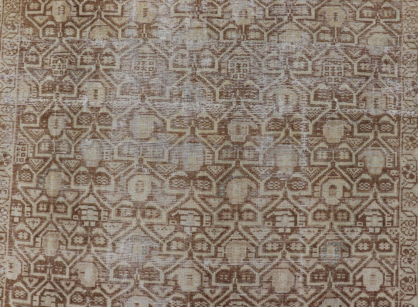 Persian Antique Malayer Rug with Layered Geometric Motifs in Tan, Taupe, Cream. Keivan Woven Arts / rug 19 - 0214, country of origin / type: Iran / Malayer, circa 1920. Measures: 4'5 x 5'1 This Persian Antique Malayer has held timeless charm with ... - Keivan Woven Arts19 - 0214 - 11153Rug