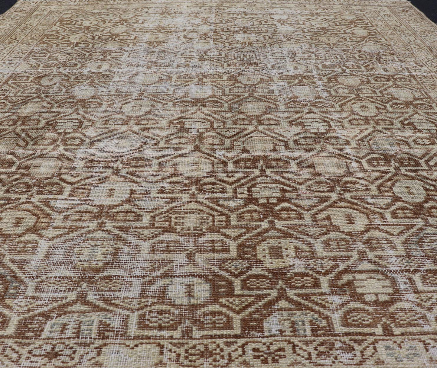 Persian Antique Malayer Rug with Layered Geometric Motifs in Tan, Taupe, Cream. Keivan Woven Arts / rug 19 - 0214, country of origin / type: Iran / Malayer, circa 1920. Measures: 4'5 x 5'1 This Persian Antique Malayer has held timeless charm with ... - Keivan Woven Arts19 - 0214 - 11153Rug