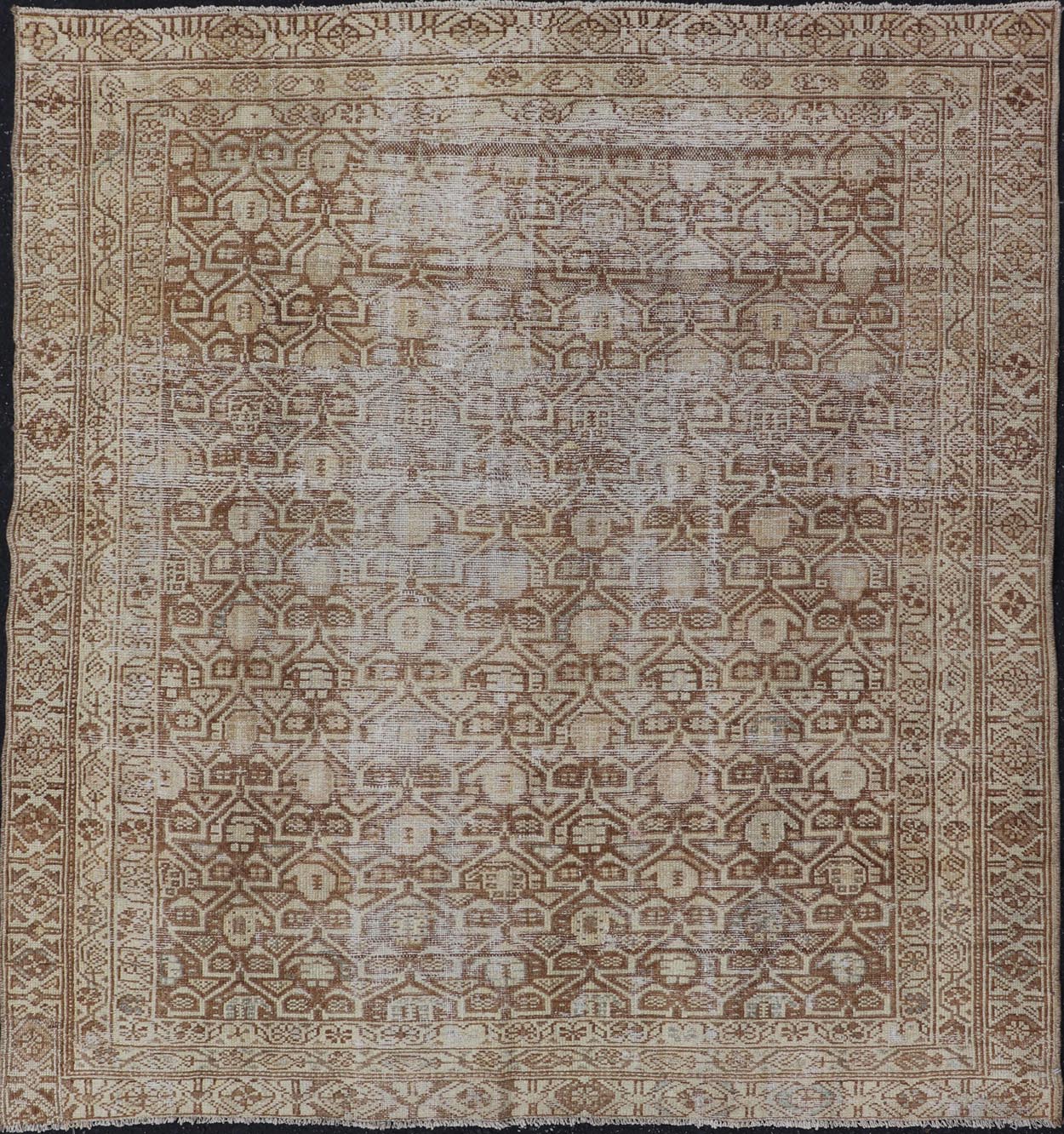 Persian Antique Malayer Rug with Layered Geometric Motifs in Tan, Taupe, Cream. Keivan Woven Arts / rug 19 - 0214, country of origin / type: Iran / Malayer, circa 1920. Measures: 4'5 x 5'1 This Persian Antique Malayer has held timeless charm with ... - Keivan Woven Arts19 - 0214 - 11153Rug