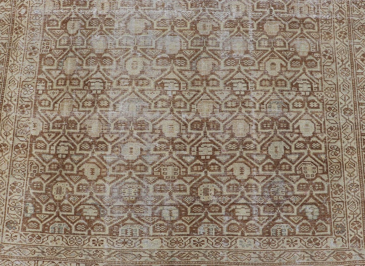 Persian Antique Malayer Rug with Layered Geometric Motifs in Tan, Taupe, Cream. Keivan Woven Arts / rug 19 - 0214, country of origin / type: Iran / Malayer, circa 1920. Measures: 4'5 x 5'1 This Persian Antique Malayer has held timeless charm with ... - Keivan Woven Arts19 - 0214 - 11153Rug