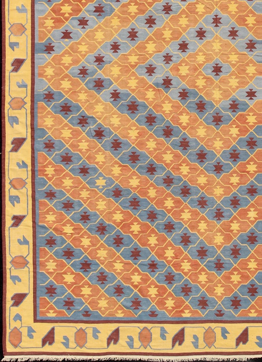Vintage Indian Dhurrie Flat Weave Rug with Geometric Diamond Design Colorful Vintage Indian Dhurrie with Geometric Design, rug 19 - 0301, country of origin / type: India / Dhurrie, circa 1960 Woven during the second half of the 20th century... - Keivan Woven Arts19 - 0301 - 11265Rug
