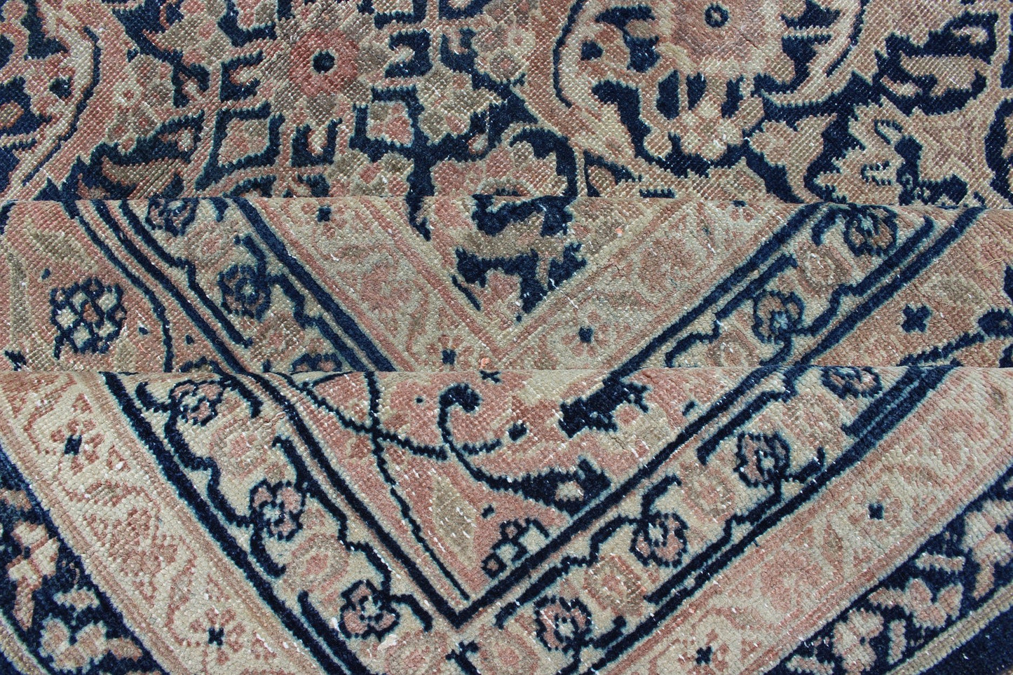 Antique Persian Tabriz carpet with geometric Herati design in dark blue tones. Dark blue, Navy blue, gray, taupe, tan and brown geometric Persian Tabriz rug. Keivan Woven Arts / rug 19 - 0404, country of origin / type: Iran / Tabriz, circa 1910. Measu... - Keivan Woven Arts19 - 0404 - 1873Rug