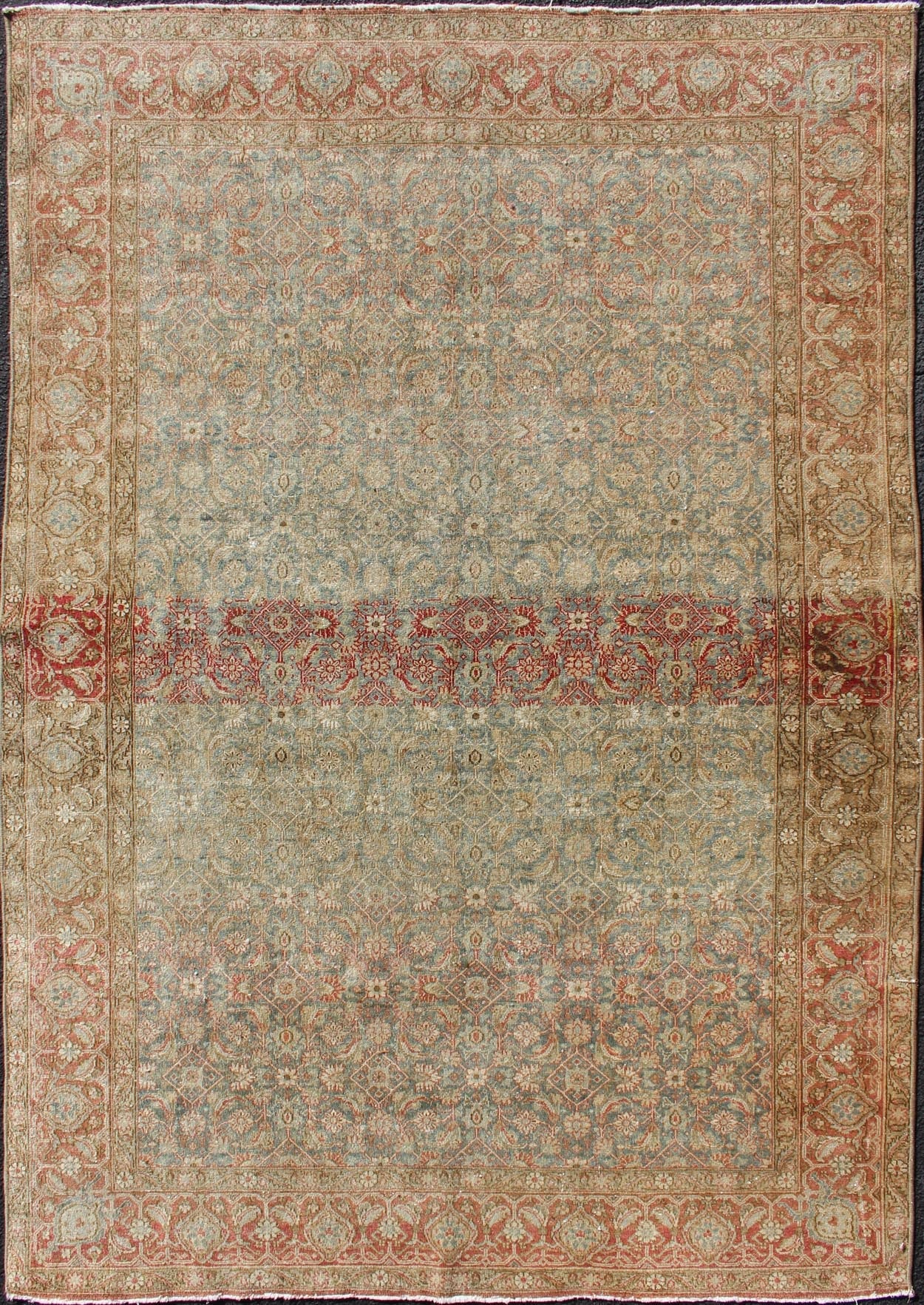 Antique Persian Tabriz Rug in Gray and Coral - Red Red, border with gray, and blue Persian Tabriz antique rug in sub geometric design, rug 19 - 0407, country of origin / type: Iran / Tabriz, circa 1910. This antique Persian Tabriz carpet (cir... - Keivan Woven Arts19 - 0407 - 11281Rug