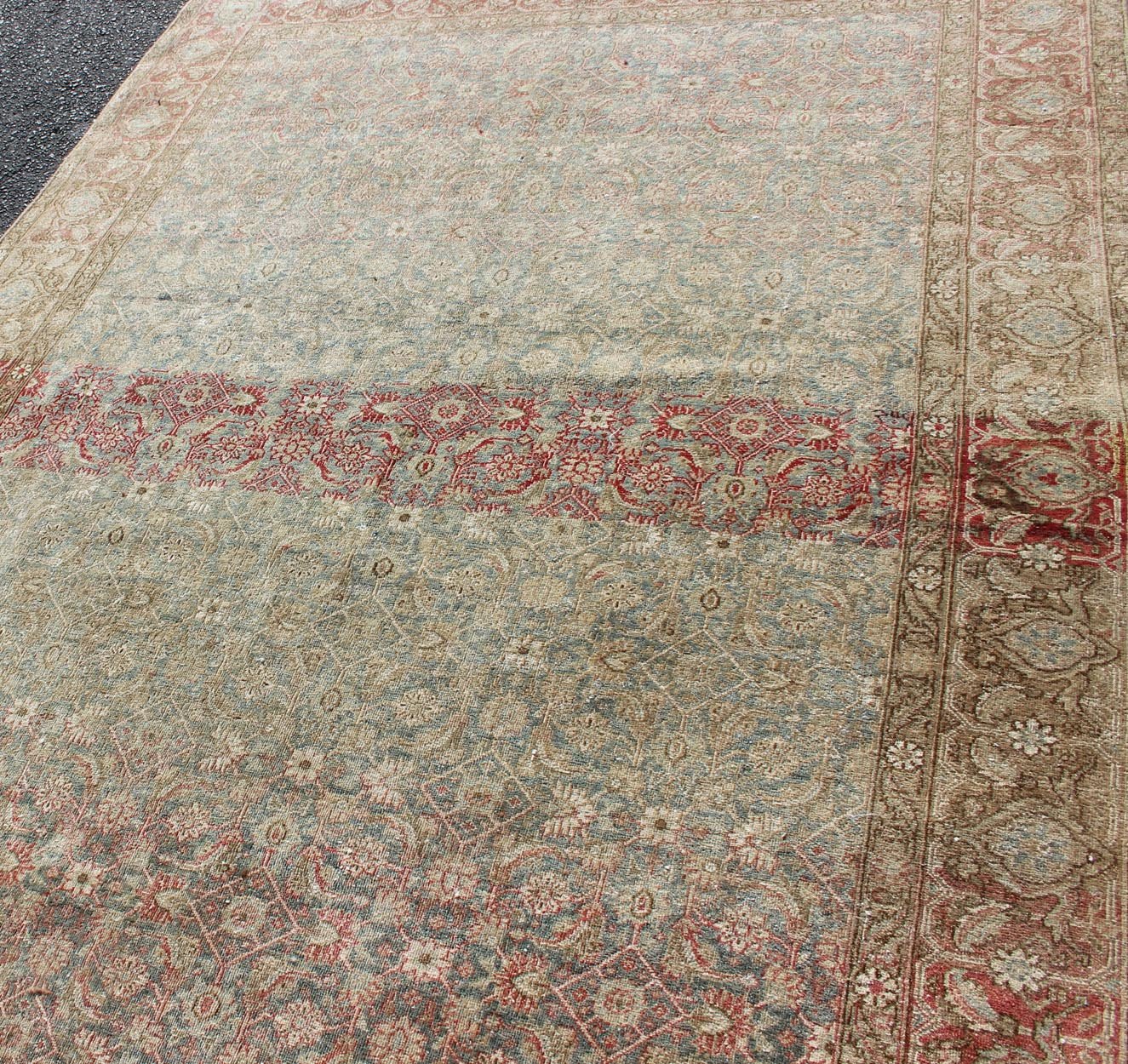 Antique Persian Tabriz Rug in Gray and Coral - Red Red, border with gray, and blue Persian Tabriz antique rug in sub geometric design, rug 19 - 0407, country of origin / type: Iran / Tabriz, circa 1910. This antique Persian Tabriz carpet (cir... - Keivan Woven Arts19 - 0407 - 11281Rug