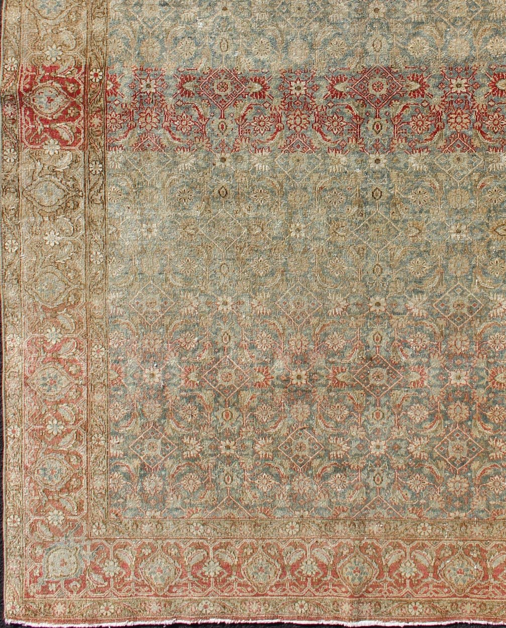 Antique Persian Tabriz Rug in Gray and Coral - Red Red, border with gray, and blue Persian Tabriz antique rug in sub geometric design, rug 19 - 0407, country of origin / type: Iran / Tabriz, circa 1910. This antique Persian Tabriz carpet (cir... - Keivan Woven Arts19 - 0407 - 11281Rug