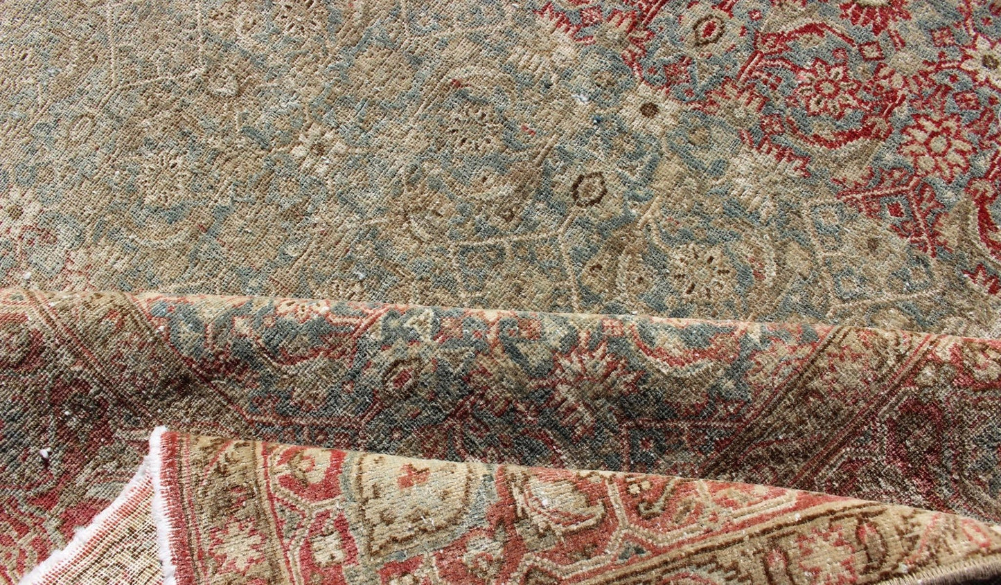 Antique Persian Tabriz Rug in Gray and Coral - Red Red, border with gray, and blue Persian Tabriz antique rug in sub geometric design, rug 19 - 0407, country of origin / type: Iran / Tabriz, circa 1910. This antique Persian Tabriz carpet (cir... - Keivan Woven Arts19 - 0407 - 11281Rug