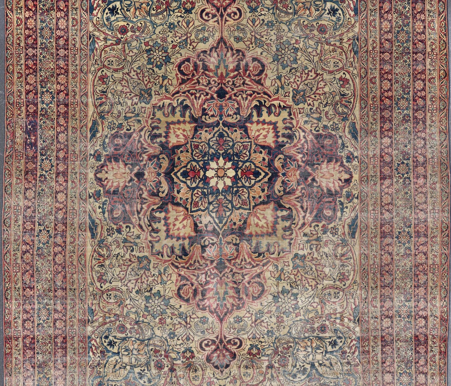 Lavar Kerman Antique rug from Persia with vibrant jewel tones and Floral Medallion Design, rug 19 - 0502, country of origin / type: Iran / Kerman, circa 1900 This antique Persian Lavar Kerman rug, circa 1900 from the early 20th century, features a... - Keivan Woven Arts19 - 0502 - 2736