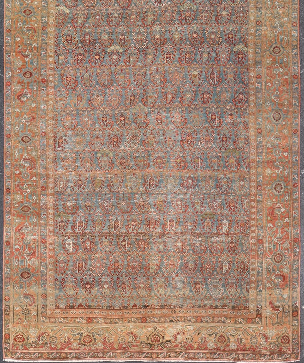 19th century Antique Feraghan Gallery Persian Rug With All - Over Paisley Geometric Design. Keivan Woven Arts / rug 19 - 0503, country of origin / type: Iran / Feraghan, circa 1890 Measures: 7'4 x 17'0 Set on Steel blue background and light... - Keivan Woven Arts19 - 0503 - 5102Rug