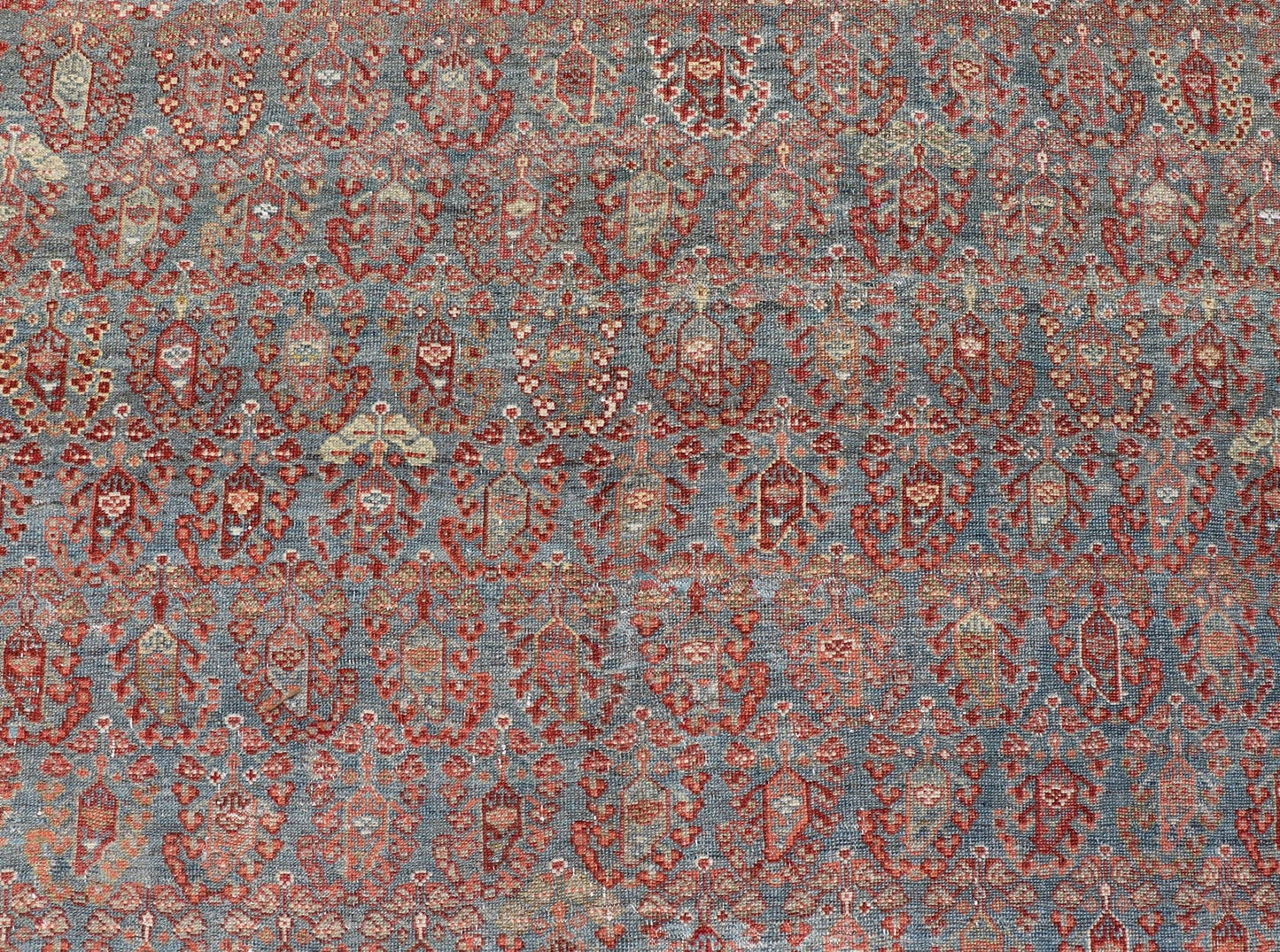 19th century Antique Feraghan Gallery Persian Rug With All - Over Paisley Geometric Design. Keivan Woven Arts / rug 19 - 0503, country of origin / type: Iran / Feraghan, circa 1890 Measures: 7'4 x 17'0 Set on Steel blue background and light... - Keivan Woven Arts19 - 0503 - 5102Rug