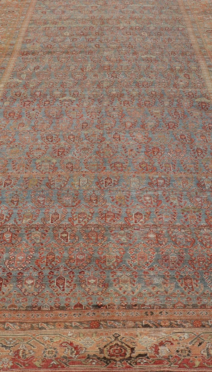 19th century Antique Feraghan Gallery Persian Rug With All - Over Paisley Geometric Design. Keivan Woven Arts / rug 19 - 0503, country of origin / type: Iran / Feraghan, circa 1890 Measures: 7'4 x 17'0 Set on Steel blue background and light... - Keivan Woven Arts19 - 0503 - 5102Rug