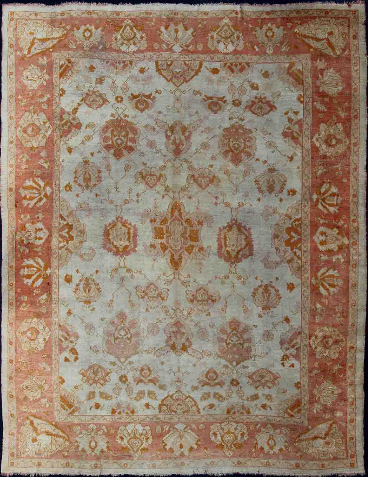 Antique Turkish Oushak Rug with All - Over Design in Ivory and Coral - Salmon. All - over flower design Oushak rug from Turkey. Keivan Woven Arts / rug 19 - 0505, country of origin / type: Turkey / Oushak, circa 1900. Antique oushak, Large antique oush... - Keivan Woven Arts19 - 0505 - 11323Rug