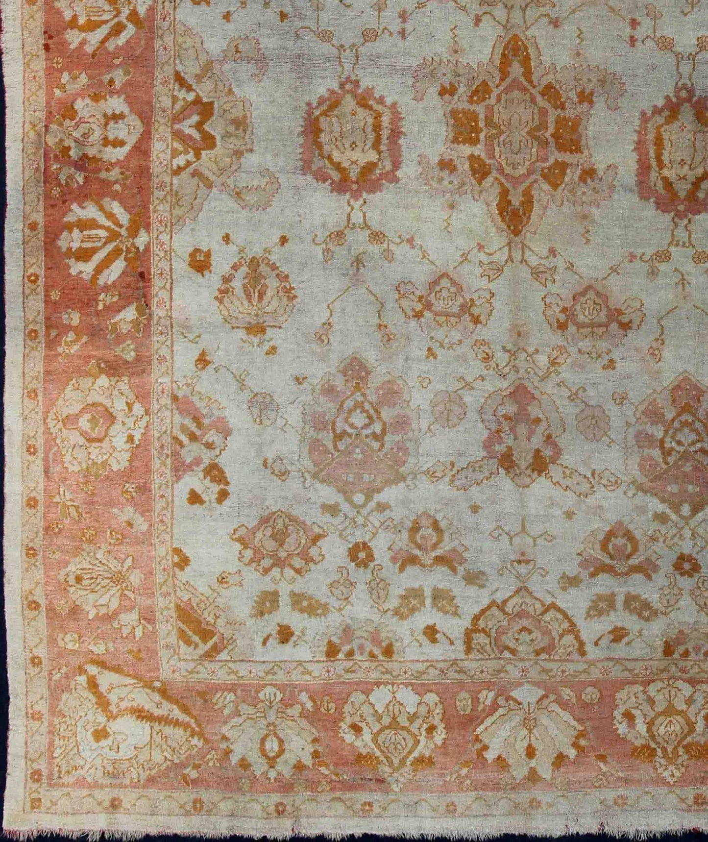 Antique Turkish Oushak Rug with All - Over Design in Ivory and Coral - Salmon. All - over flower design Oushak rug from Turkey. Keivan Woven Arts / rug 19 - 0505, country of origin / type: Turkey / Oushak, circa 1900. Antique oushak, Large antique oush... - Keivan Woven Arts19 - 0505 - 11323Rug