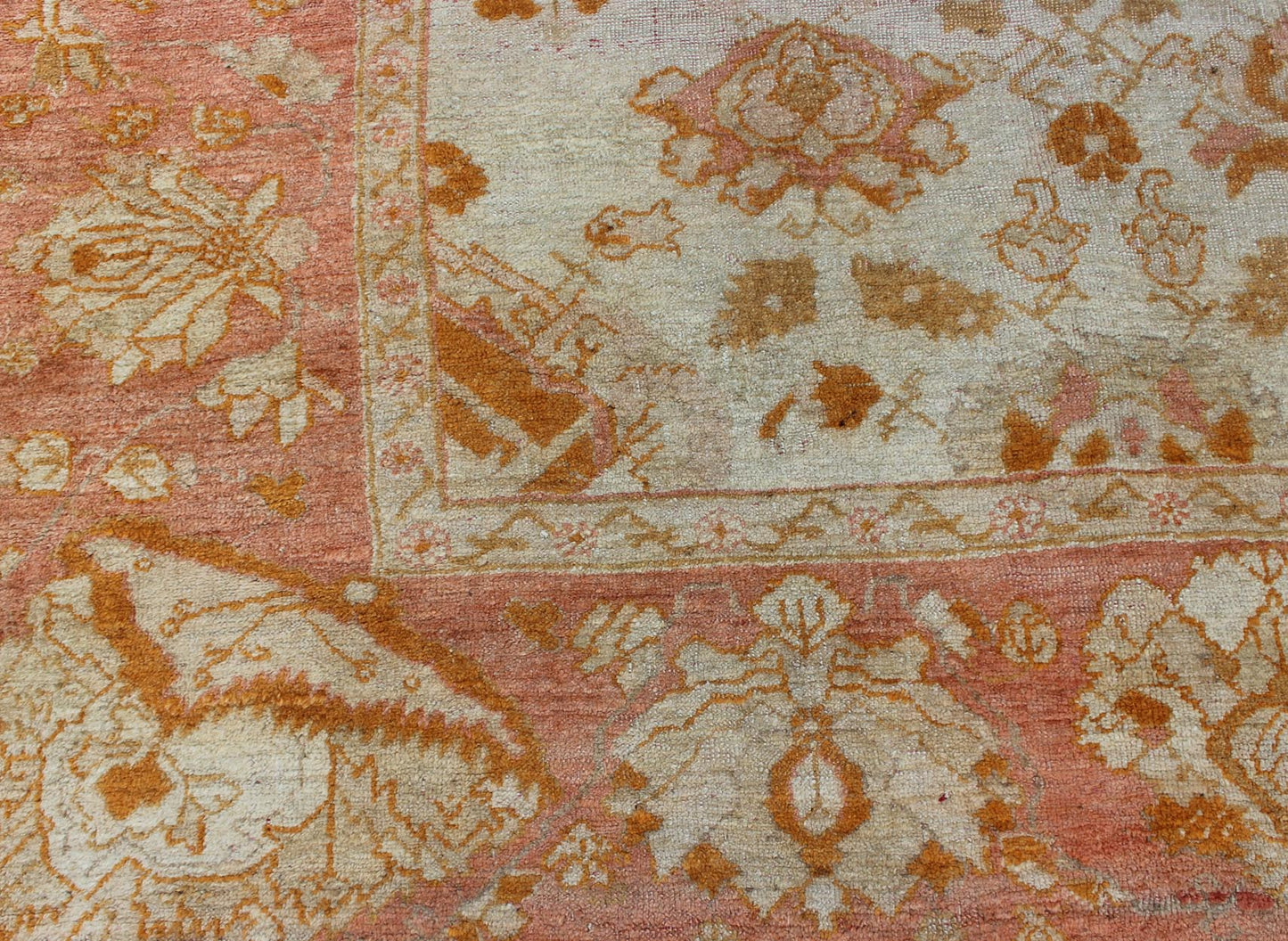 Antique Turkish Oushak Rug with All - Over Design in Ivory and Coral - Salmon. All - over flower design Oushak rug from Turkey. Keivan Woven Arts / rug 19 - 0505, country of origin / type: Turkey / Oushak, circa 1900. Antique oushak, Large antique oush... - Keivan Woven Arts19 - 0505 - 11323Rug