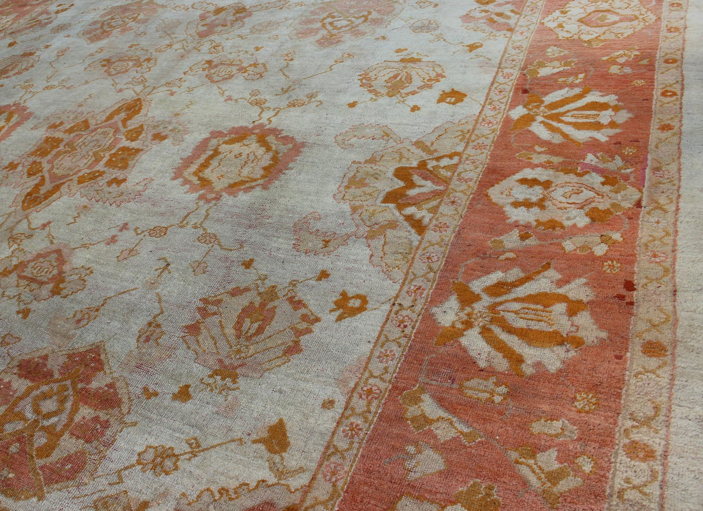 Antique Turkish Oushak Rug with All - Over Design in Ivory and Coral - Salmon. All - over flower design Oushak rug from Turkey. Keivan Woven Arts / rug 19 - 0505, country of origin / type: Turkey / Oushak, circa 1900. Antique oushak, Large antique oush... - Keivan Woven Arts19 - 0505 - 11323Rug