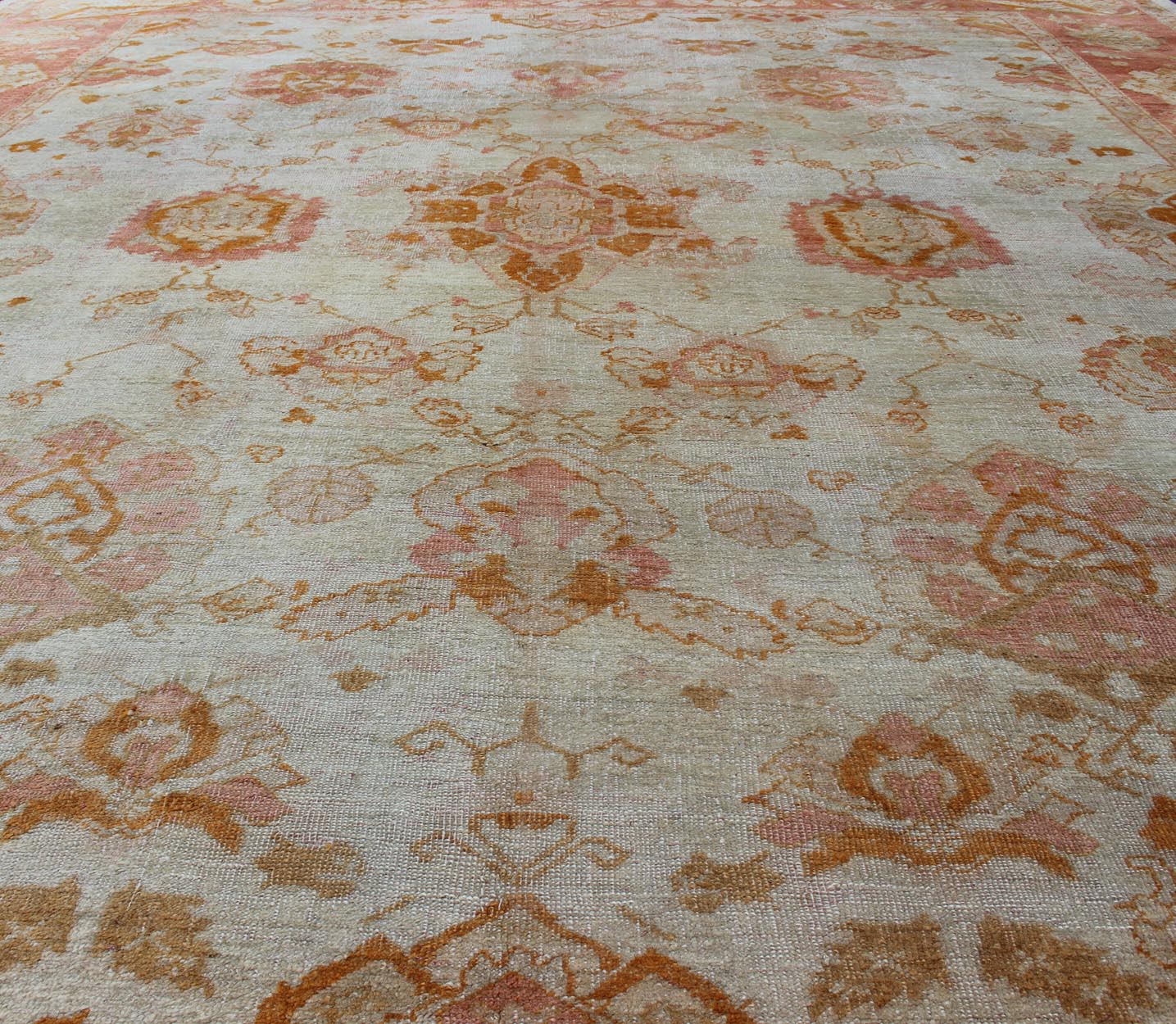 Antique Turkish Oushak Rug with All - Over Design in Ivory and Coral - Salmon. All - over flower design Oushak rug from Turkey. Keivan Woven Arts / rug 19 - 0505, country of origin / type: Turkey / Oushak, circa 1900. Antique oushak, Large antique oush... - Keivan Woven Arts19 - 0505 - 11323Rug