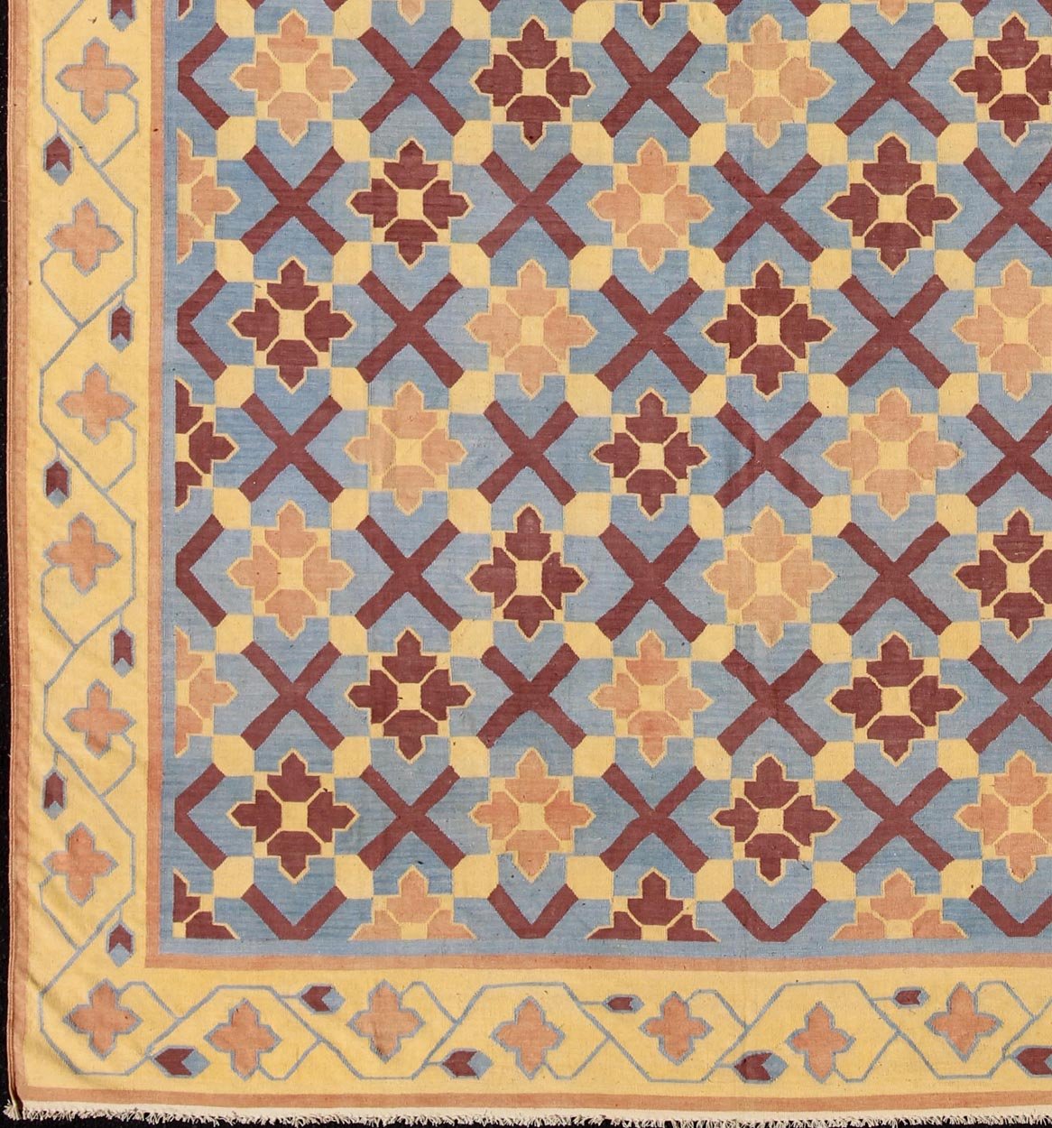 Vintage Flat Weave Cotton Dhurrie With Star Pattern in Blue, Yellow & Brown Red, Keivan Woven Arts. Star pattern flat - woven Dhurrie from India vintage rug, rug 19 - 0603, country of origin / type: India / Dhurrie, circa 1960 This vintage In... - Keivan Woven Arts19 - 0603 - 11473Rug