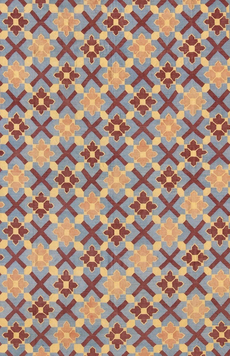 Vintage Flat Weave Cotton Dhurrie With Star Pattern in Blue, Yellow & Brown Red, Keivan Woven Arts. Star pattern flat - woven Dhurrie from India vintage rug, rug 19 - 0603, country of origin / type: India / Dhurrie, circa 1960 This vintage In... - Keivan Woven Arts19 - 0603 - 11473Rug