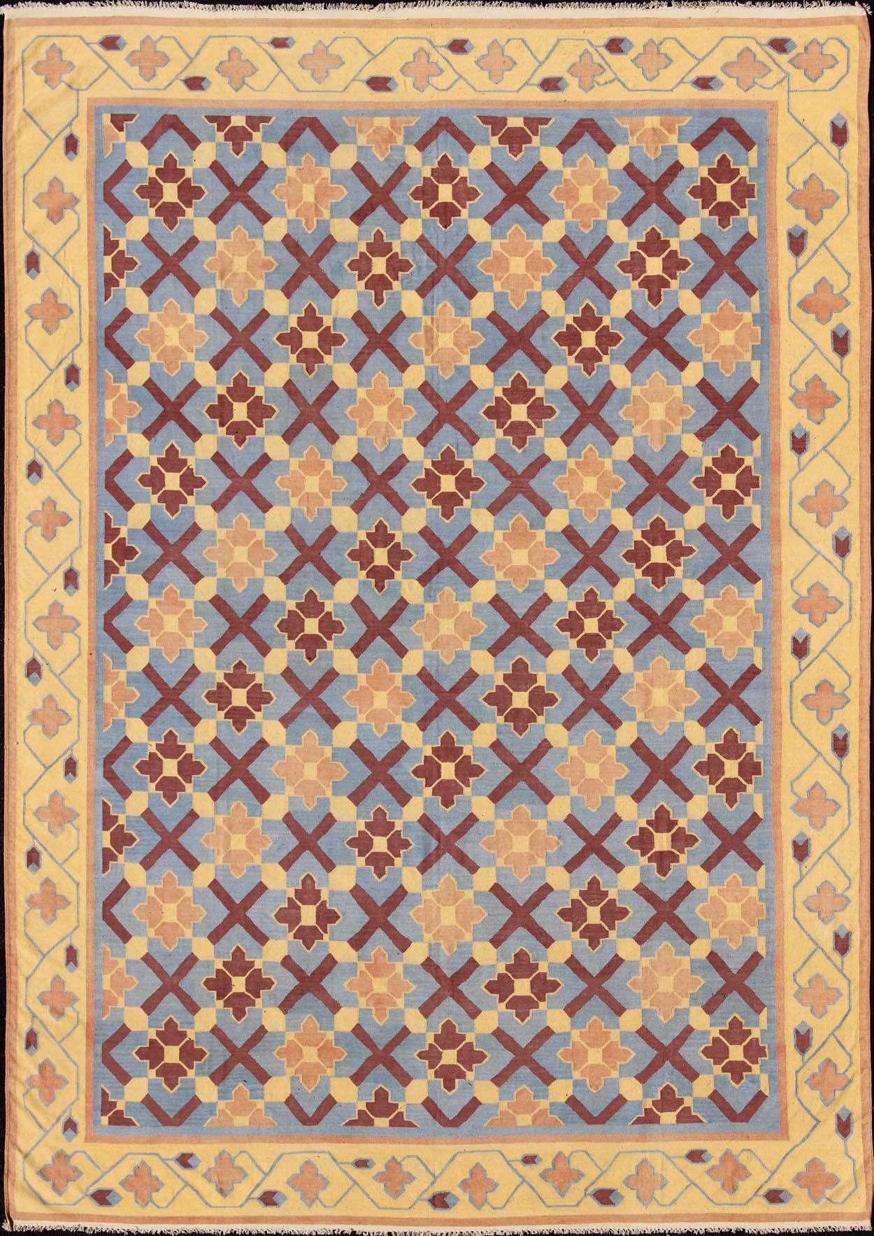 Vintage Flat Weave Cotton Dhurrie With Star Pattern in Blue, Yellow & Brown Red, Keivan Woven Arts. Star pattern flat - woven Dhurrie from India vintage rug, rug 19 - 0603, country of origin / type: India / Dhurrie, circa 1960 This vintage In... - Keivan Woven Arts19 - 0603 - 11473Rug