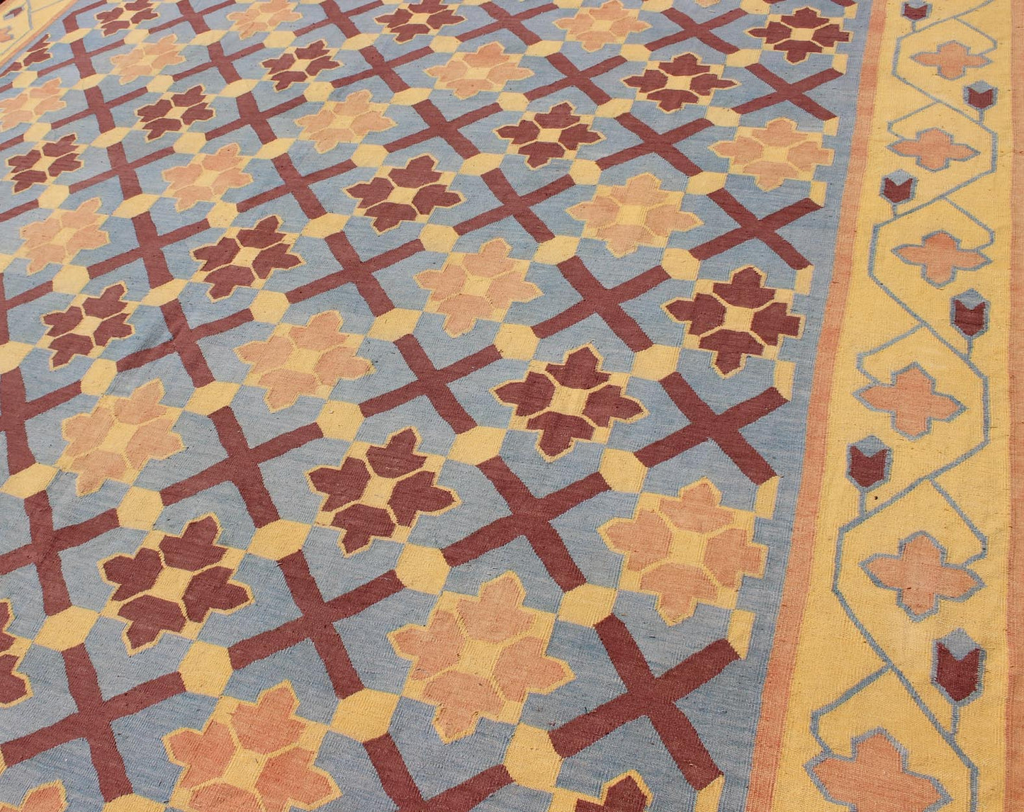 Vintage Flat Weave Cotton Dhurrie With Star Pattern in Blue, Yellow & Brown Red, Keivan Woven Arts. Star pattern flat - woven Dhurrie from India vintage rug, rug 19 - 0603, country of origin / type: India / Dhurrie, circa 1960 This vintage In... - Keivan Woven Arts19 - 0603 - 11473Rug